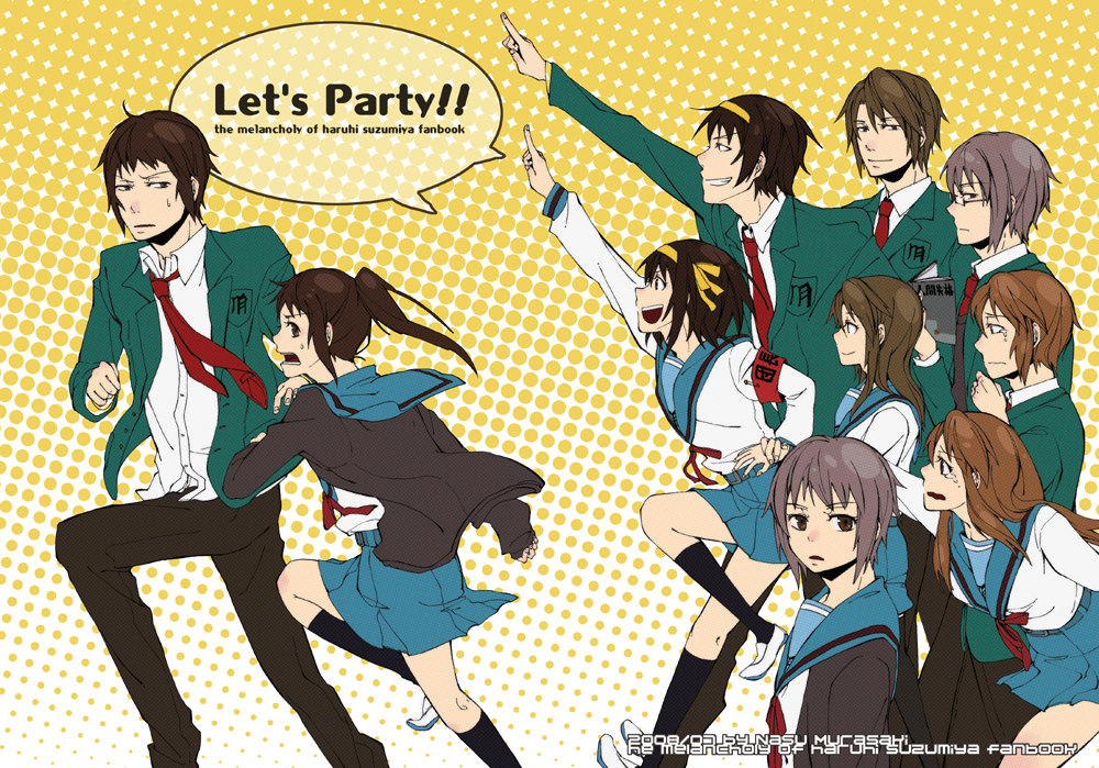 murasaki nasu, asahina mikuru, asahina mitsuru, koizumi itsuki, koizumi itsuki (female), kyon, kyonko, nagato yuki, nagato yuuki, suzumiya haruhi, suzumiya haruhiko, suzumiya haruhi no yuuutsu, suzumiya haruhiko no yuuutsu, 00s, 5boys, 5girls, cover, cover page, dual persona, everyone, genderswap, genderswap (ftm), genderswap (mtf), multiple boys, multiple girls, ponytail, school uniform, serafuku