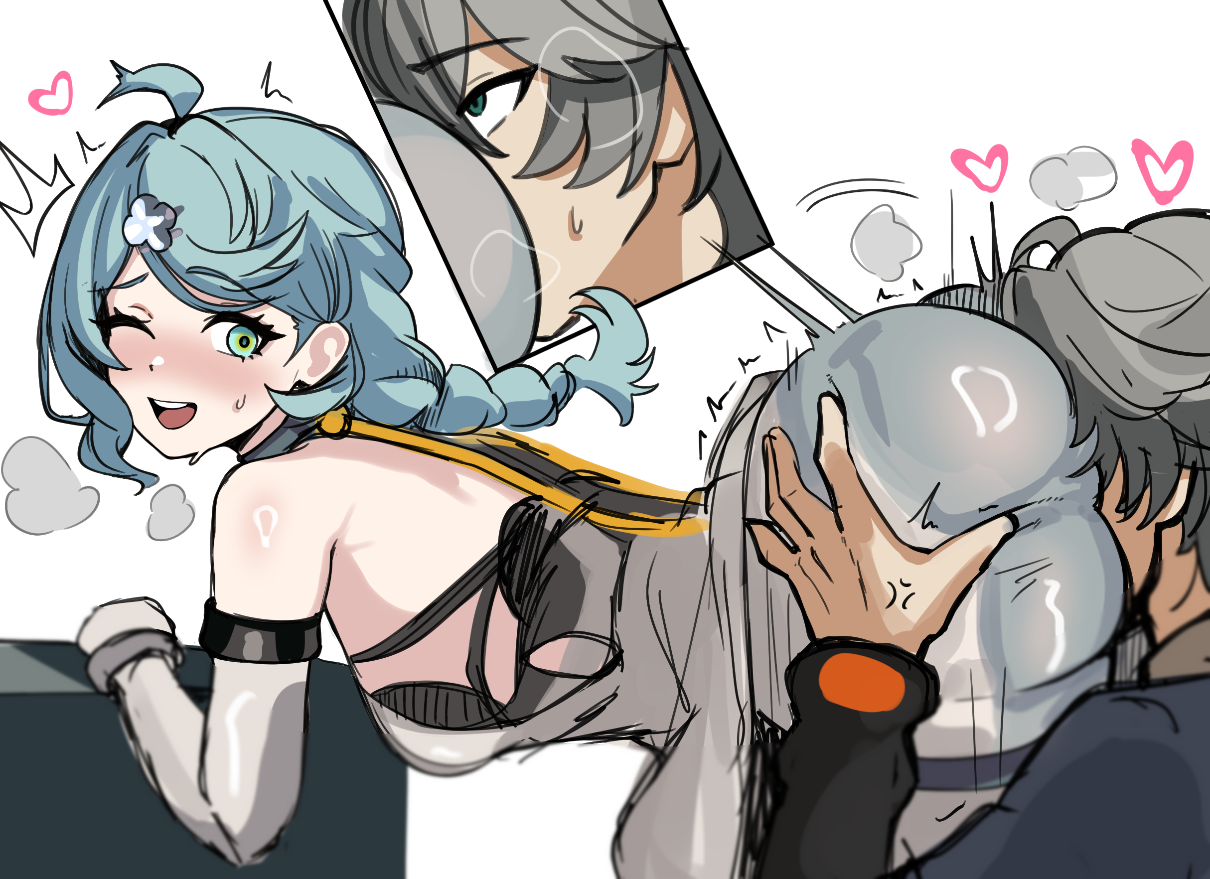 mini2chainz, seed (zenless zone zero), wise (zenless zone zero), zenless zone zero, highres, 1boy, 1girl, ahoge, ass, bare shoulders, blue hair, blush, braid, breasts, elbow gloves, face in ass, gloves, grabbing another's ass, grey hair, groping, hetero, long hair, looking at viewer, one eye closed, open mouth, shirt, small breasts, smelling, smelling ass, smile