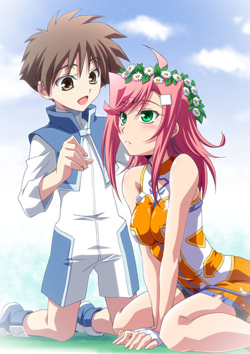 izumi mahiru, ichihiko, r-hinagiku, r.u.r.u.r, 1boy, 1girl, blush, breasts, crown, gloves, green eyes, hat, head wreath, kneeling, long hair, medium breasts, pink hair, teenage girl and younger boy