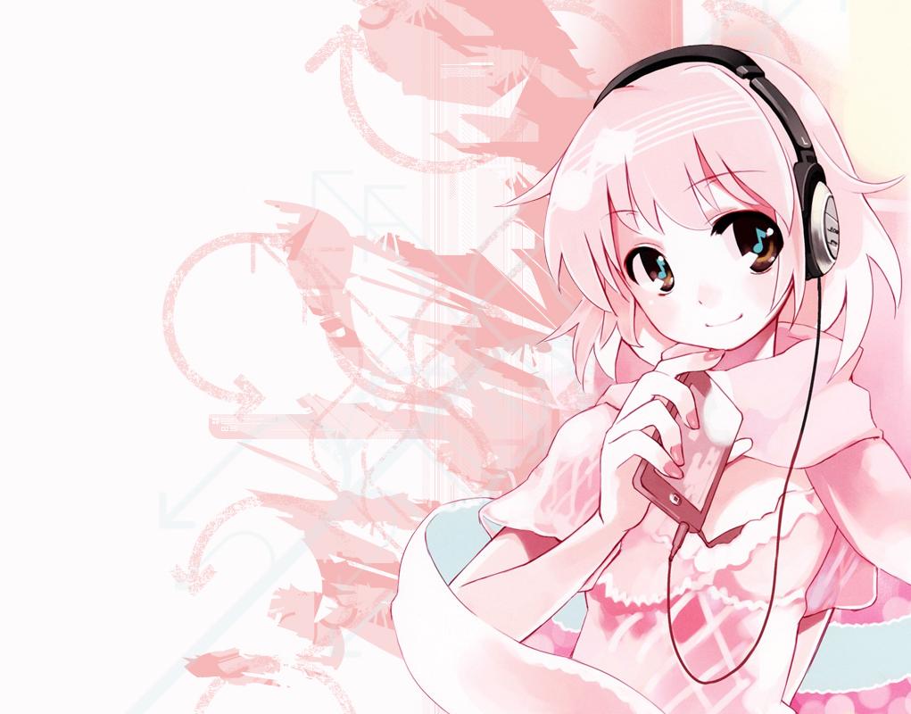 ushiki yoshitaka, 1girl, digital media player, female focus, headphones, ipod, musical note, pink hair, quaver, short hair, smile, solo