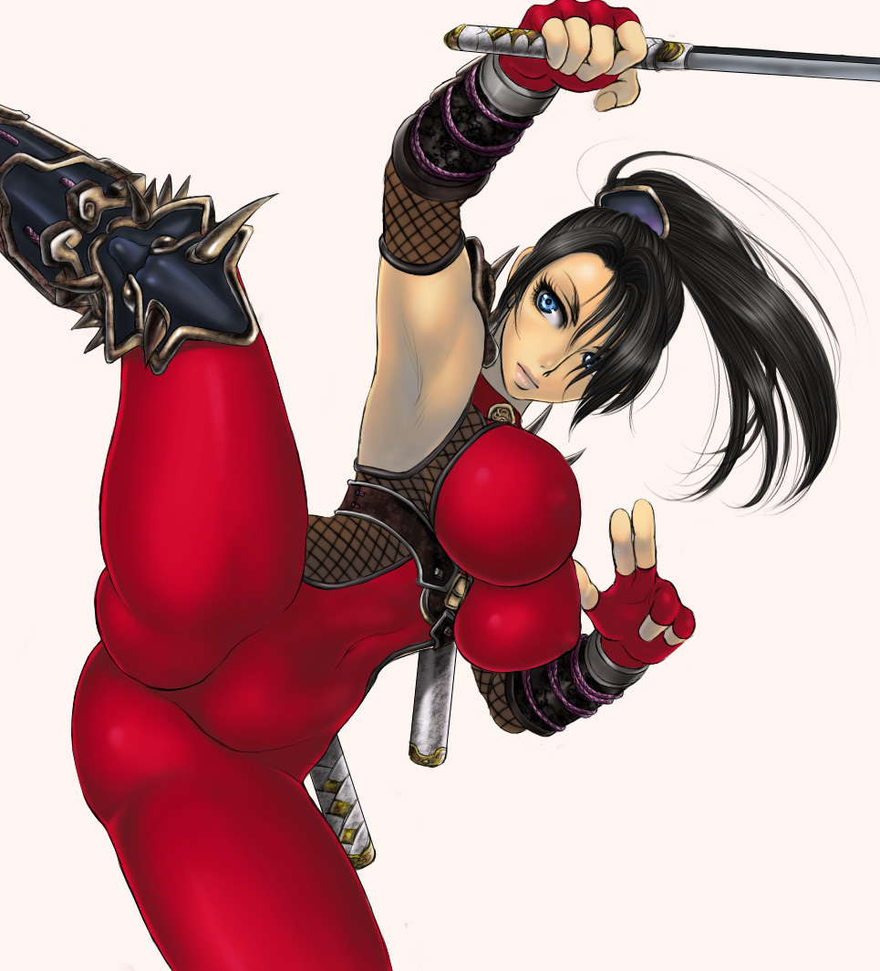 xuexue yue hua, taki (soulcalibur), soul calibur, soulcalibur, soulcalibur iv, 1girl, armpits, black hair, blue eyes, bodysuit, breasts, covered erect nipples, dagger, elbow gloves, female focus, flexible, gloves, kicking, knife, large breasts, lips, navel, ninja, solo, spandex, sword, thighs, weapon