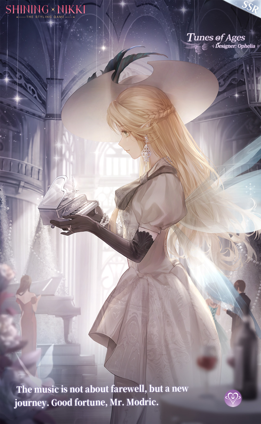 ophelia (shining nikki), nikki (series), shining nikki, artist request, commentary, english commentary, highres, official art, second-party source, 1girl, alcohol, arch, ascot, bead bracelet, beads, black ascot, black gloves, blonde hair, blue wings, bottle, bracelet, braid, character name, closed mouth, copyright name, cowboy shot, cup, day, dress, drinking glass, earrings, elbow gloves, english text, eyelashes, fairy, fairy wings, frilled dress, frills, from side, gloves, glowing, grand piano, green eyes, half up half down braid, happy, hat, hat feather, holding, holding instrument, indoors, instrument, jewelry, lace, lace-trimmed gloves, lace trim, light particles, logo, long dress, long hair, looking at object, official alternate color, piano, pointy ears, pointy nose, smile, solo focus, sparkle, sun hat, table, transparent wings, tunes of days (shining nikki), very long hair, wavy hair, white dress, white hat, wide brim, wine, wine bottle, wine glass, wings