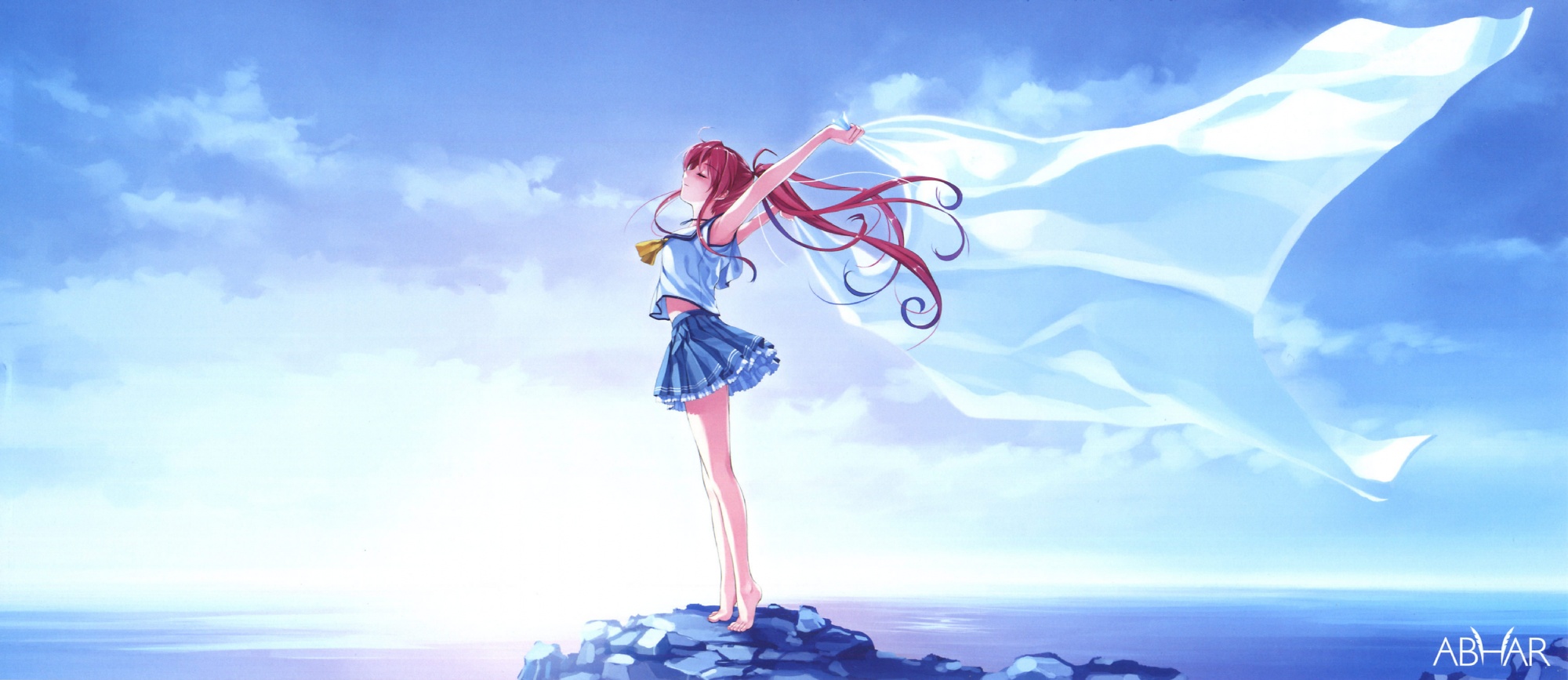 cradle (circle), misaki kurehito, miyamae tomoka, abhar, suiheisen made nan mile?, highres, 1girl, arms up, barefoot, blanket, brown hair, closed eyes, day, feet, female focus, long hair, long legs, midriff, miniskirt, ocean, outdoors, pleated skirt, ponytail, ribbon, rock, school uniform, serafuku, skirt, sky, smile, solo, standing, tiptoes, toes, very long hair, waves, wind