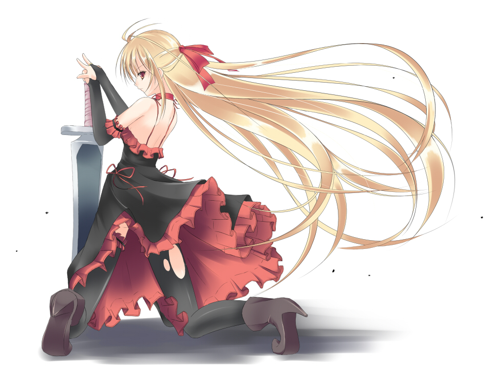 doatobira, original, bad id, bad pixiv id, back, blonde hair, hair ribbon, kneeling, legs, long hair, looking back, ribbon, solo, sword, thighhighs, very long hair, weapon