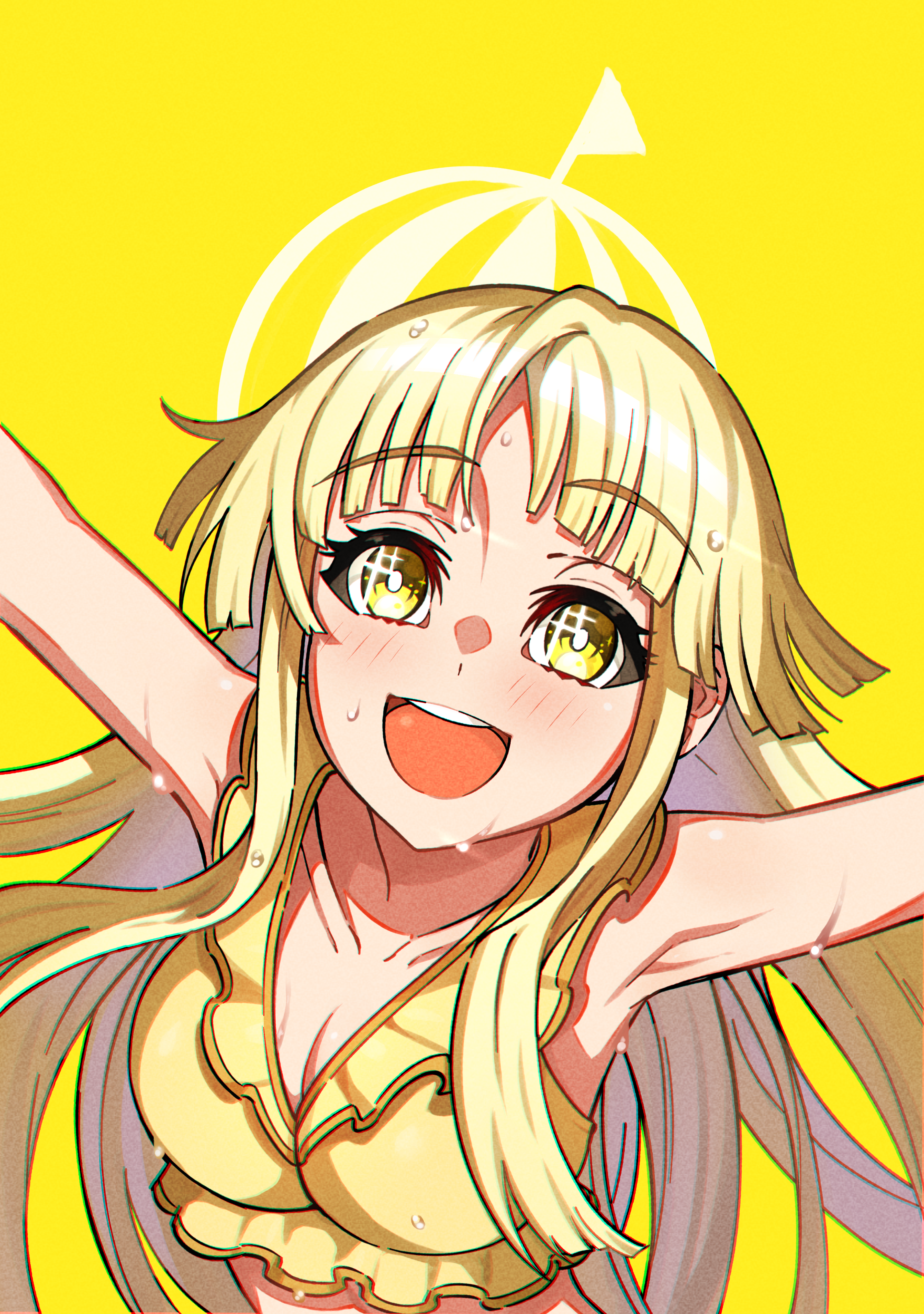 junji 17, tsurumaki kokoro, bang dream!, absurdres, commentary, highres, 1girl, bikini, blonde hair, blush, breasts, cleavage, frilled bikini, frills, large breasts, long hair, looking at viewer, open mouth, simple background, smile, solo, swimsuit, teeth, upper body, upper teeth only, wet, yellow background, yellow bikini, yellow eyes