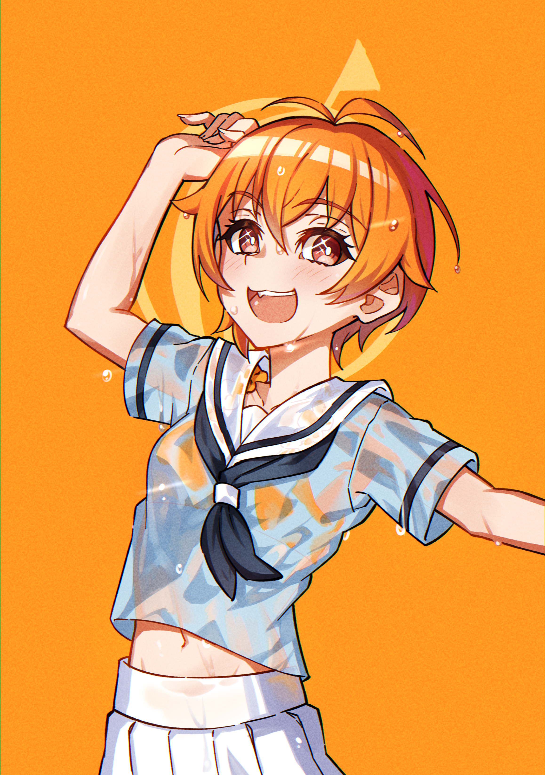 junji 17, kitazawa hagumi, bang dream!, absurdres, commentary, highres, 1girl, :3, antenna hair, bikini, bikini under clothes, black neckerchief, blue shirt, blush, fang, hair between eyes, hanasakigawa school uniform, looking at viewer, neckerchief, open mouth, orange background, orange hair, pleated skirt, sailor collar, school uniform, see-through clothes, see-through shirt, serafuku, shirt, short hair, short sleeves, skirt, solo, swimsuit, teeth, upper teeth only, wet, wet clothes, wet shirt, white sailor collar, white skirt