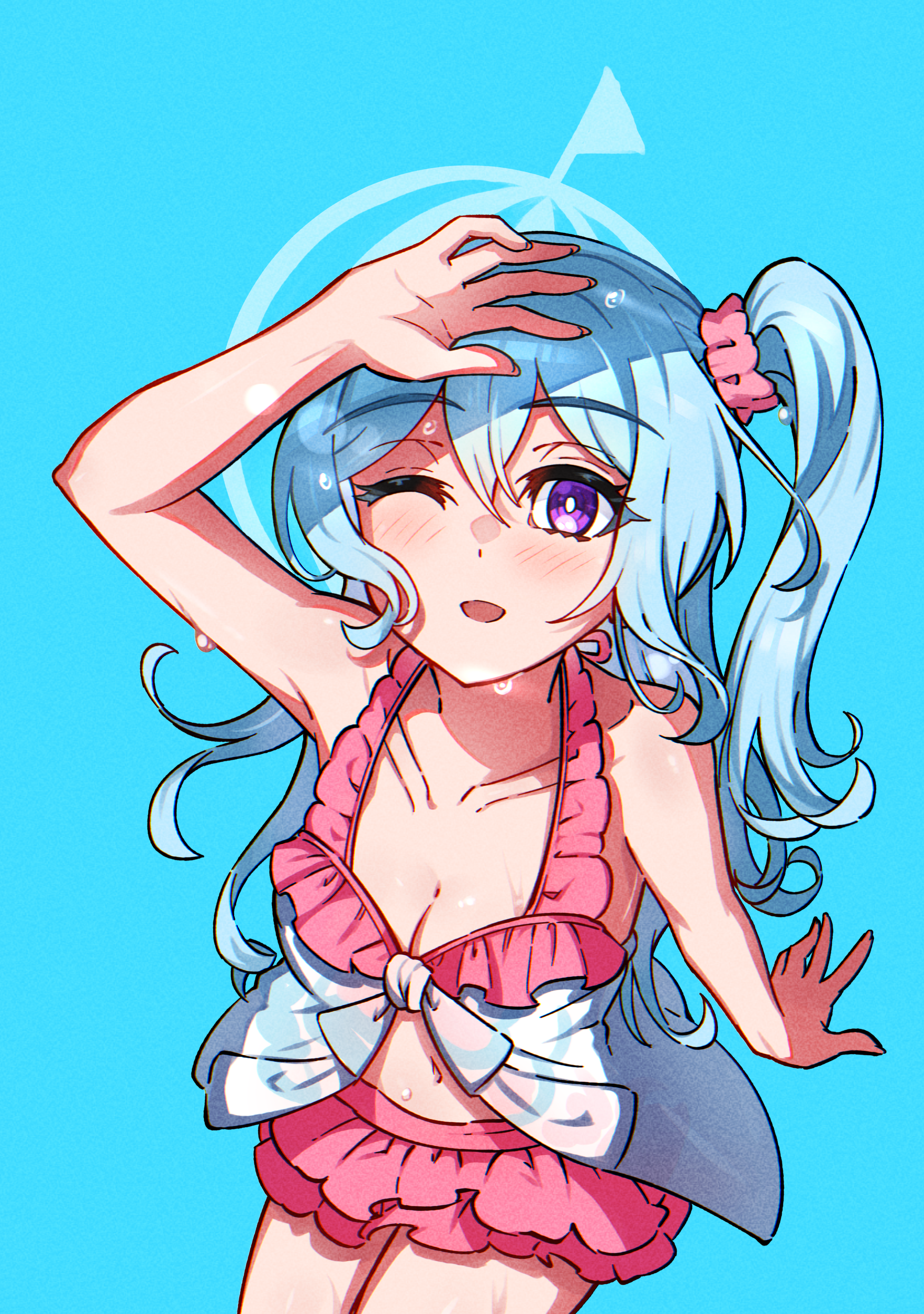 junji 17, matsubara kanon, bang dream!, absurdres, commentary, highres, 1girl, bikini, blue background, blue hair, blush, breasts, cleavage, collarbone, frilled bikini, frills, hair between eyes, hair ornament, hair scrunchie, long hair, medium breasts, midriff, navel, open mouth, pink bikini, pink scrunchie, purple eyes, scrunchie, shading face, side ponytail, solo, swimsuit, wet