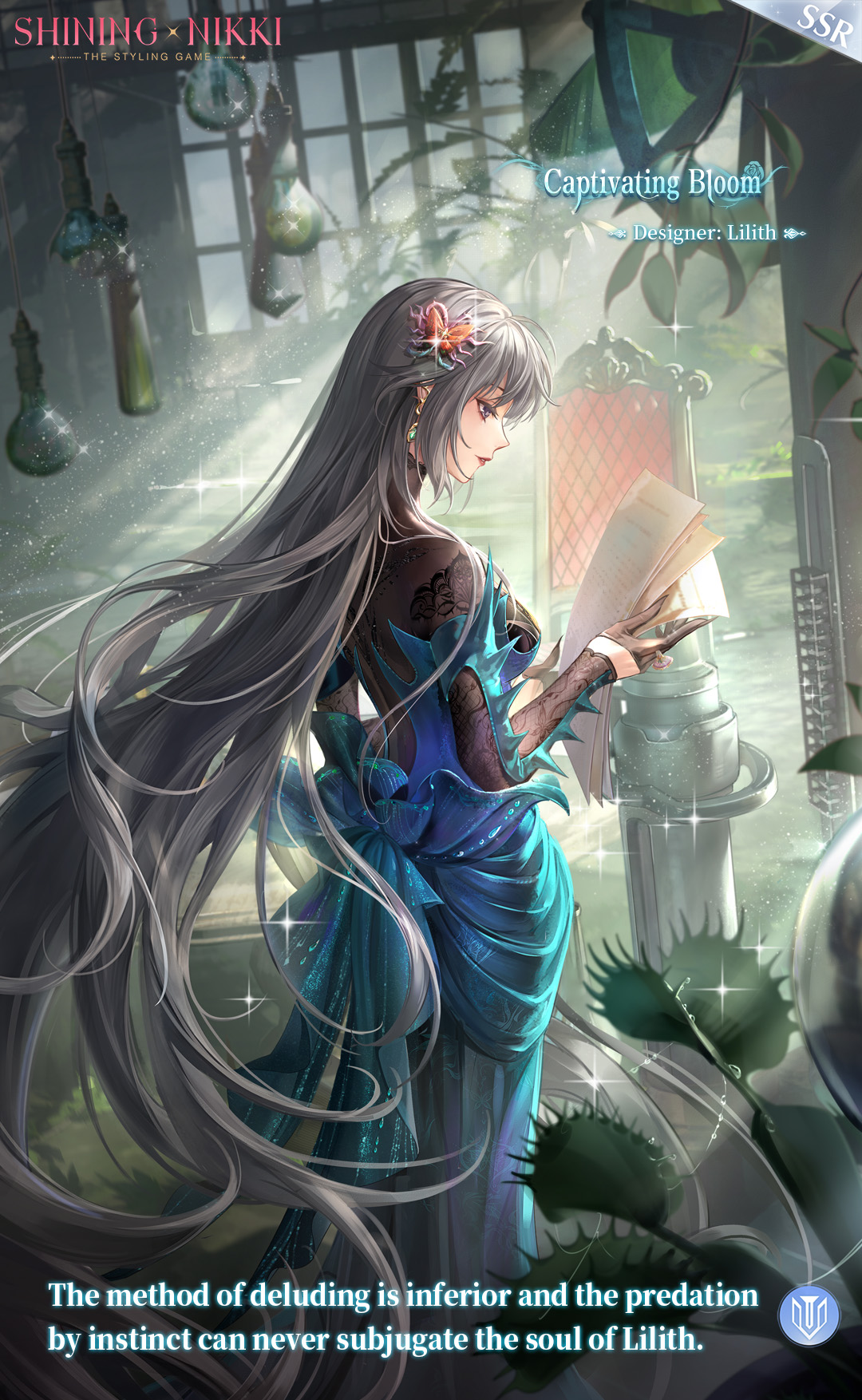 lilith (shining nikki), nikki (series), shining nikki, artist request, commentary, english commentary, highres, official art, second-party source, 1girl, back bow, black gloves, black shirt, blue bow, blue dress, bow, butterfly hair ornament, captivating bloom (shining nikki), character name, closed mouth, cloud, cloudy sky, copyright name, day, downturned eyes, dress, earrings, english text, expressionless, feet out of frame, from side, gloves, grey eyes, grey hair, hair ornament, half gloves, holding, holding paper, indoors, jewelry, lace shirt, light rays, lipstick, logo, long dress, long hair, long sleeves, makeup, mascara, paper, plant, pointy nose, reading, red lips, shirt, shirt under dress, sky, solo, sparkle, strapless, strapless dress, sunlight, throne, turtleneck, turtleneck shirt, venus flytrap, very long hair, window