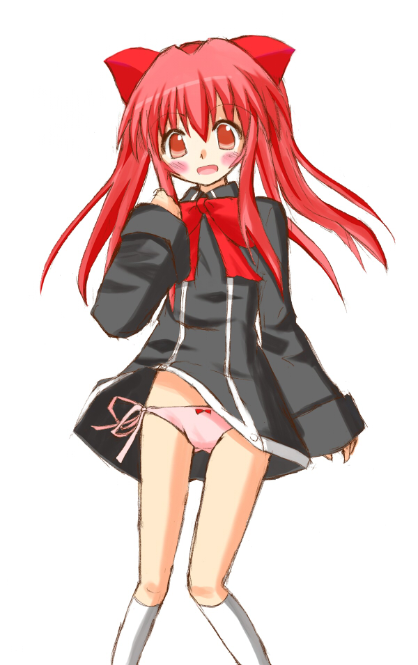 takatsuki, takatsuki (ive), aloe, aloe (quiz magic academy), quiz magic academy, 1girl, black dress, blush, bow, bow panties, dress, female focus, hair bow, kneehighs, long hair, long sleeves, open mouth, panties, pink panties, red eyes, red hair, side-tie panties, sleeves past wrists, socks, solo, underwear, white socks, wind, wind lift