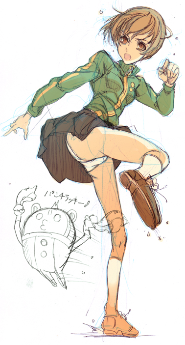 endou okito, satonaka chie, atlus, persona, persona 4, 1girl, ass, female focus, kicking, panties, pantyshot, simple background, solo, underwear, upskirt, white panties