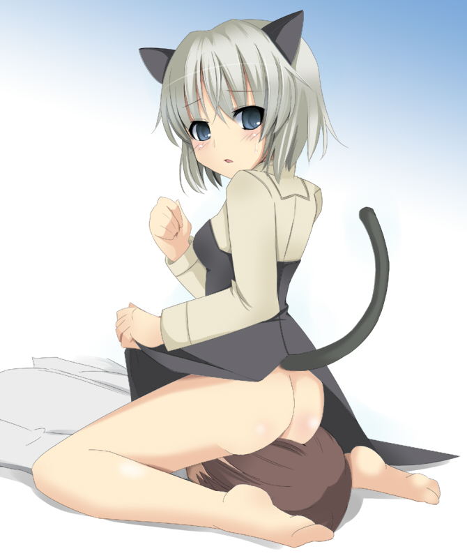 yoshida (rodeo), sanya v. litvyak, strike witches, world witches series, silver hair, 00s, 1girl, animal ears, ass, barefoot, blue eyes, blush, bottomless, cat ears, cat tail, clothes lift, dress, dress lift, hetero, looking back, no panties, short hair, sitting, sitting on face, sitting on person, solo focus, tail