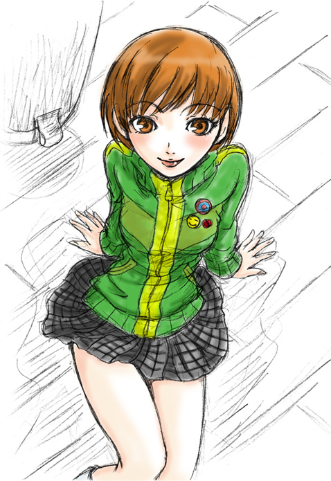 satonaka chie, atlus, persona, persona 4, non-web source, 1girl, brown eyes, brown hair, female focus, jacket, lapel pin, plaid clothes, plaid skirt, short hair, sitting, skirt, smile, solo, track jacket