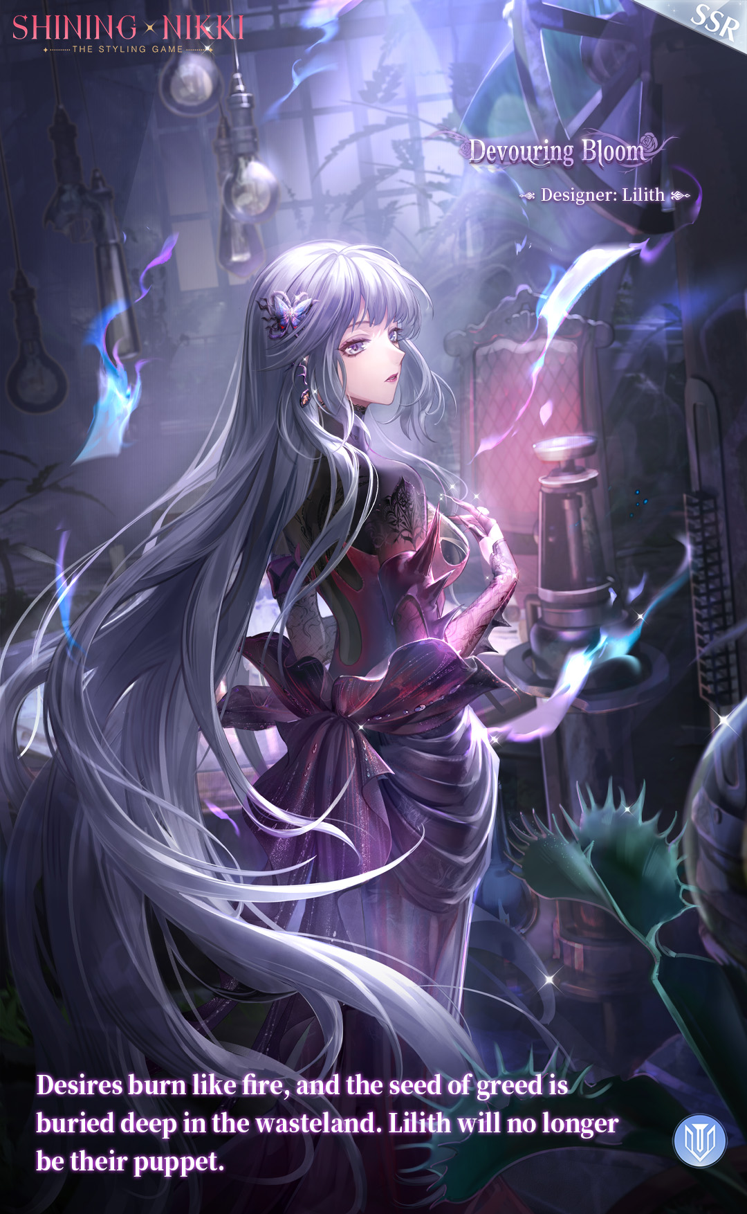 lilith (shining nikki), nikki (series), shining nikki, artist request, commentary, english commentary, highres, official art, second-party source, back bow, black shirt, blue fire, bow, burning, butterfly hair ornament, captivating bloom (shining nikki), character name, closed mouth, copyright name, dress, earrings, english text, expressionless, fire, gloves, grey eyes, grey hair, hair ornament, half gloves, hand on own chest, indoors, jewelry, lace shirt, light bulb, light frown, light particles, light rays, lipstick, logo, long dress, long hair, long sleeves, looking to the side, makeup, mascara, moonlight, night, noose, official alternate color, paper, plant, pointy nose, red bow, red dress, red gloves, red lips, shirt, shirt under dress, sleeves past wrists, throne, turtleneck, turtleneck shirt, venus flytrap, very long hair, window