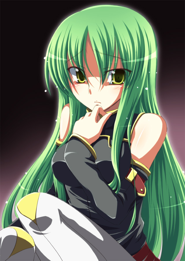 nagami yuu, c.c., code geass, 00s, 1girl, bare shoulders, blush, female focus, green eyes, green hair, long hair, looking at viewer, matching hair/eyes, sidelocks, solo, thighhighs, very long hair, white thighhighs