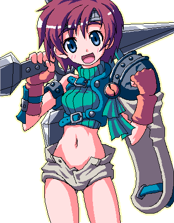 ninja (final fantasy), yuffie kisaragi, final fantasy, final fantasy vii, lowres, non-web source, 1990s (style), 1girl, armor, blue eyes, brown hair, female focus, fingerless gloves, gloves, headband, midriff, ninja, oekaki, open fly, retro artstyle, short hair, shorts, shuriken, sleeveless, sleeveless turtleneck, smile, solo, turtleneck, unzipped, weapon