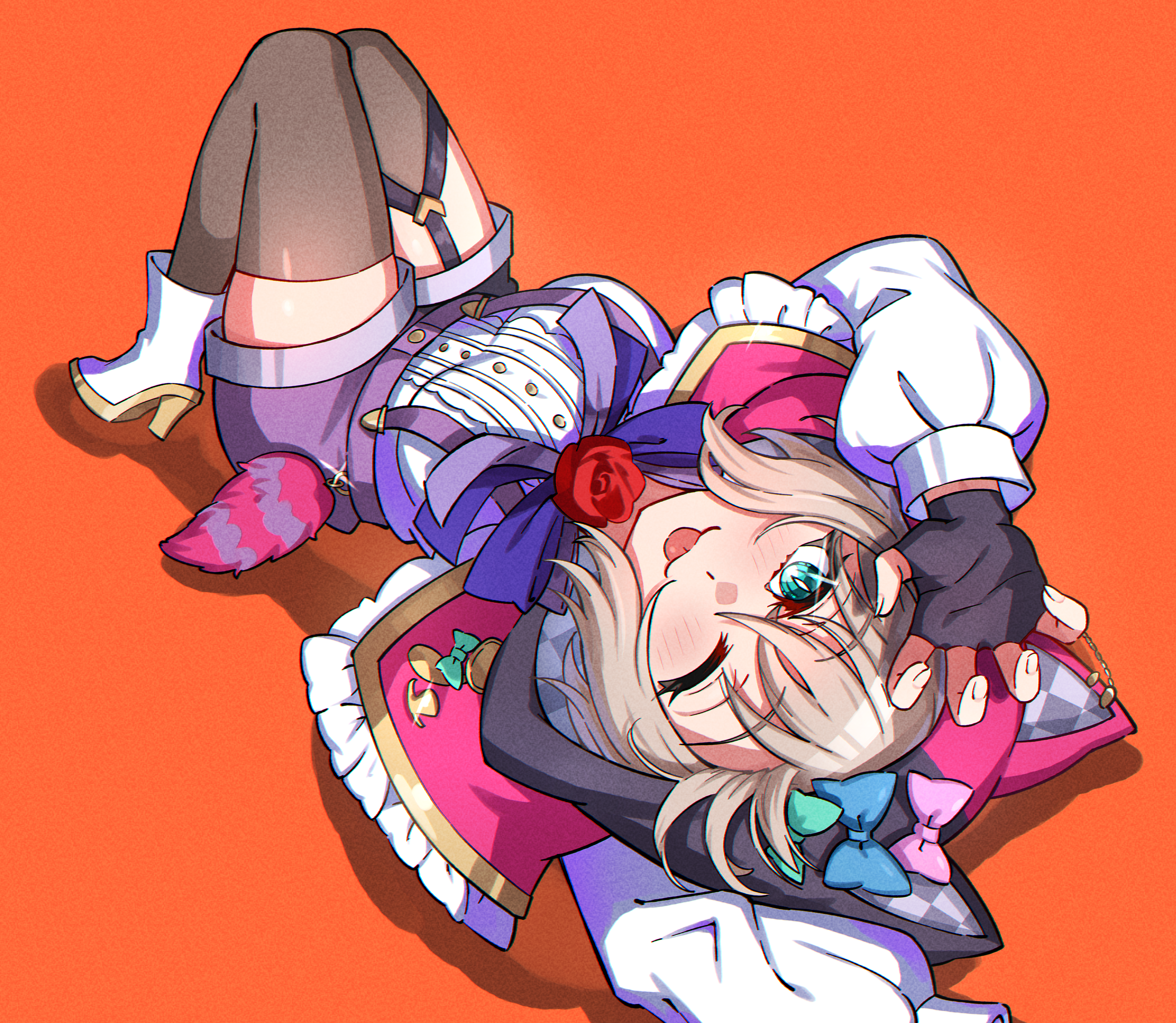 junji 17, aoba moca, bang dream!, absurdres, commentary, highres, 1girl, black gloves, black thighhighs, blue eyes, blush, capelet, claw pose, fingerless gloves, garter straps, gloves, grey hair, halloween, high heels, long sleeves, looking at viewer, lying, on back, one eye closed, orange background, pink capelet, purple shorts, shirt, shoes, short hair, shorts, solo, suspenders, thighhighs, tongue, tongue out, white shirt, white shoes