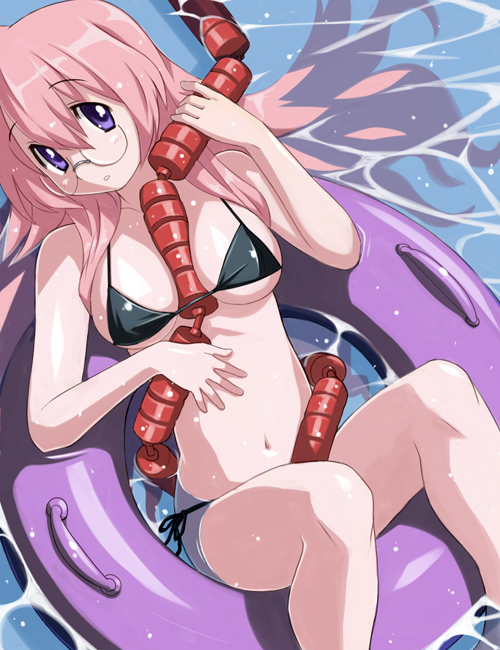 imo works, takara miyuki, lucky star, 00s, between breasts, bikini, black bikini, breasts, glasses, innertube, pink hair, purple eyes, side-tie bikini bottom, solo, swim ring, swimsuit