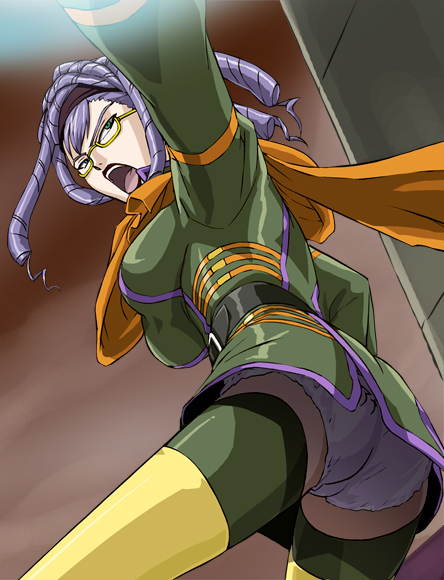 haruyama kazunori, anacondy, anacondy (yes! precure 5), precure, yes! precure 5, 00s, 1girl, female focus, glasses, green eyes, open mouth, panties, pantyshot, purple hair, solo, underwear, white panties