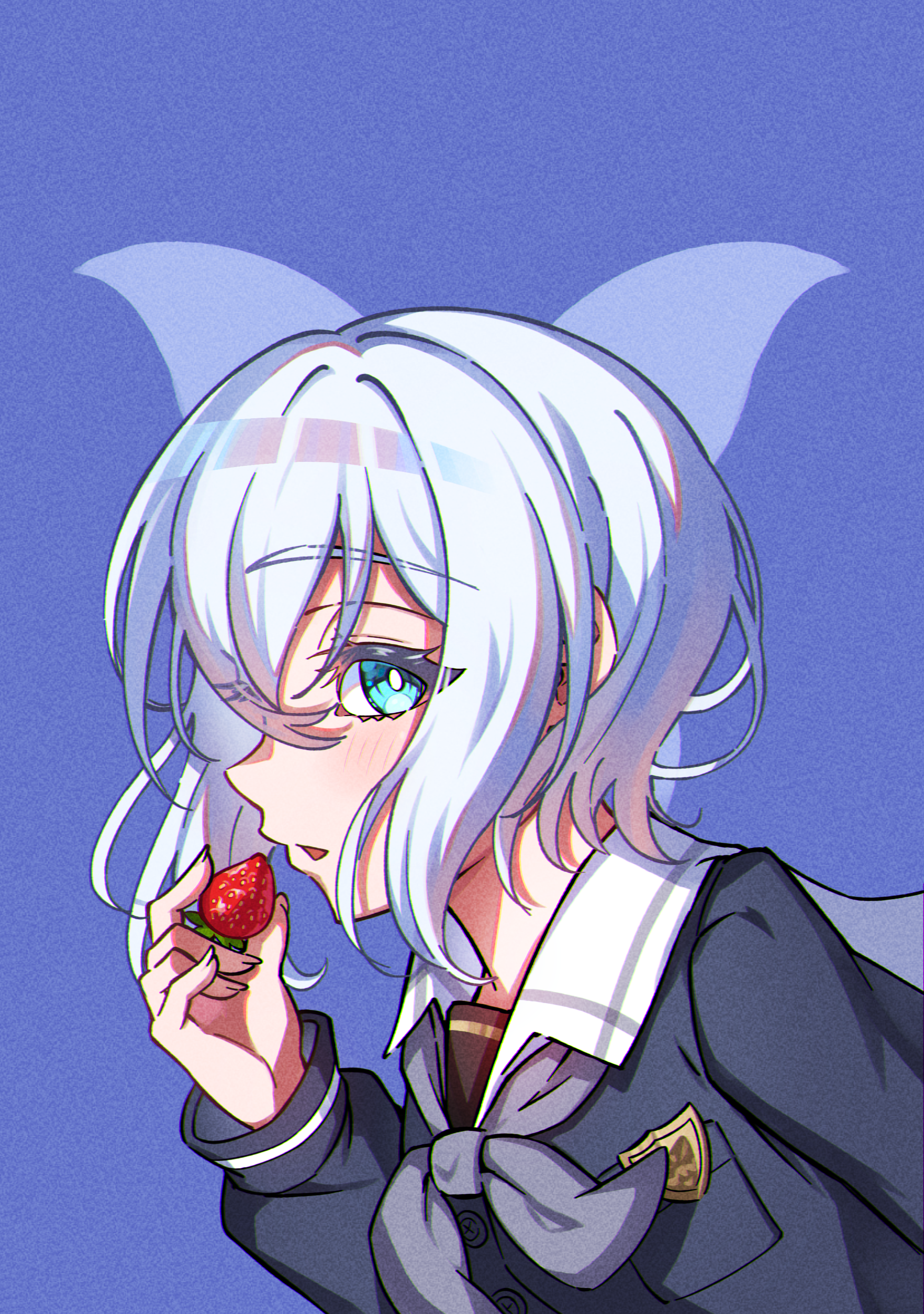 junji 17, kurata mashiro, bang dream!, absurdres, commentary, highres, 1girl, blue background, blue eyes, blue shirt, blush, food, fruit, grey neckerchief, hair between eyes, holding, holding food, long sleeves, looking at viewer, neckerchief, open mouth, school uniform, shirt, short hair, sidelocks, solo, strawberry, tsukinomori school uniform, white hair