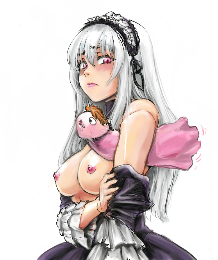 osakana (denpa yun'yun), suigintou, gake no ue no ponyo, rozen maiden, silver hair, 00s, 1girl, alternate breast size (larger), armpit sex, breasts, female focus, hairband, large breasts, lipstick, makeup, nipples, pink eyes, solo, what
