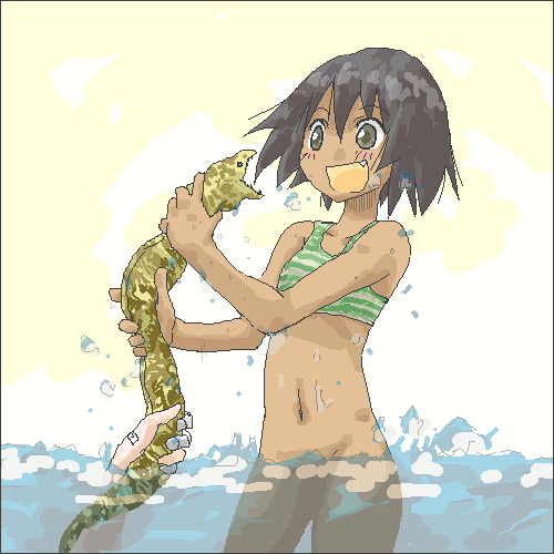 kobushi abiru, sekiutsu maria tarou, sayonara zetsubou sensei, lowres, non-web source, 00s, 1girl, bikini, bikini top only, blush, bottomless, brown eyes, brown hair, dark-skinned female, dark skin, eel, fang, female focus, oekaki, short hair, smile, solo, striped bikini, striped clothes, swimsuit, water