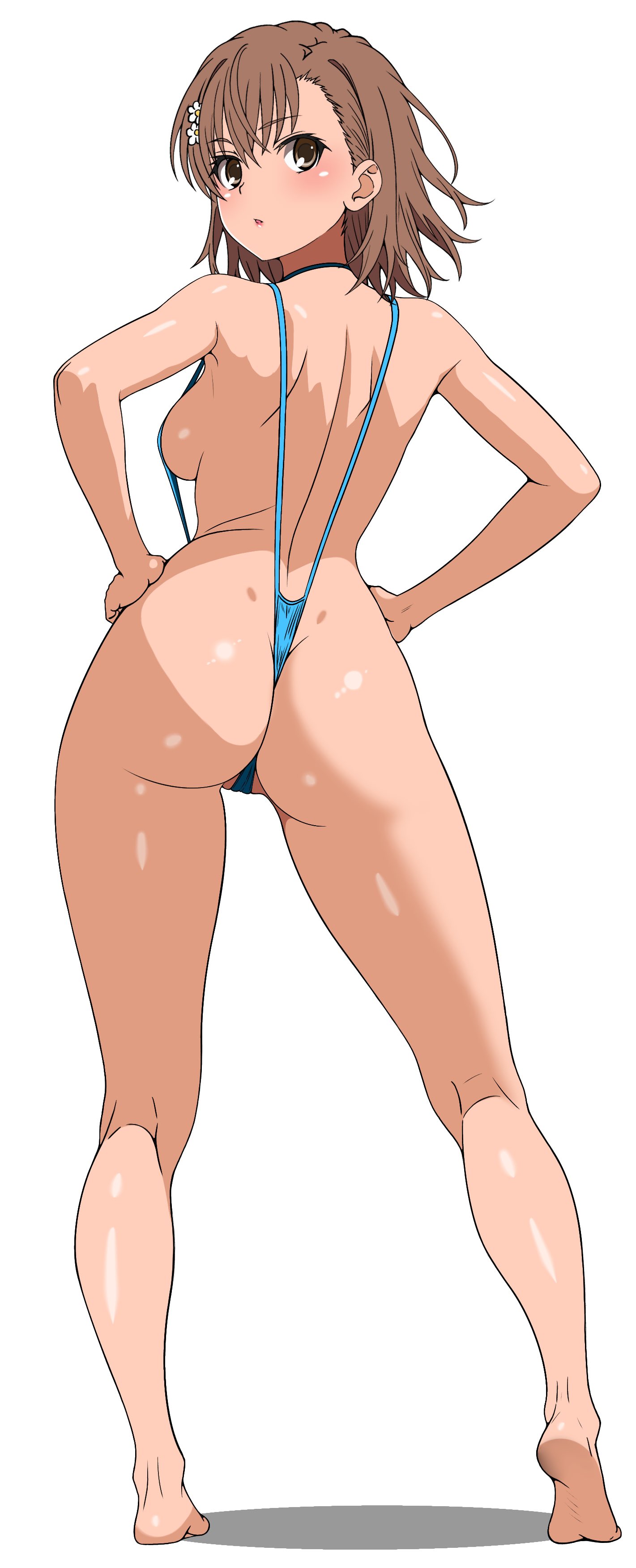 frozen gingasan, misaka mikoto, toaru kagaku no railgun, toaru majutsu no index, absurdres, commentary request, highres, 1girl, ass, asymmetrical bangs, bad anatomy, blue slingshot swimsuit, breasts, brown eyes, brown hair, from behind, full body, hair ornament, hairpin, hands on own hips, kneepits, looking at viewer, looking back, medium hair, open mouth, revealing clothes, shiny skin, sideboob, slingshot swimsuit, small breasts, swimsuit, white background