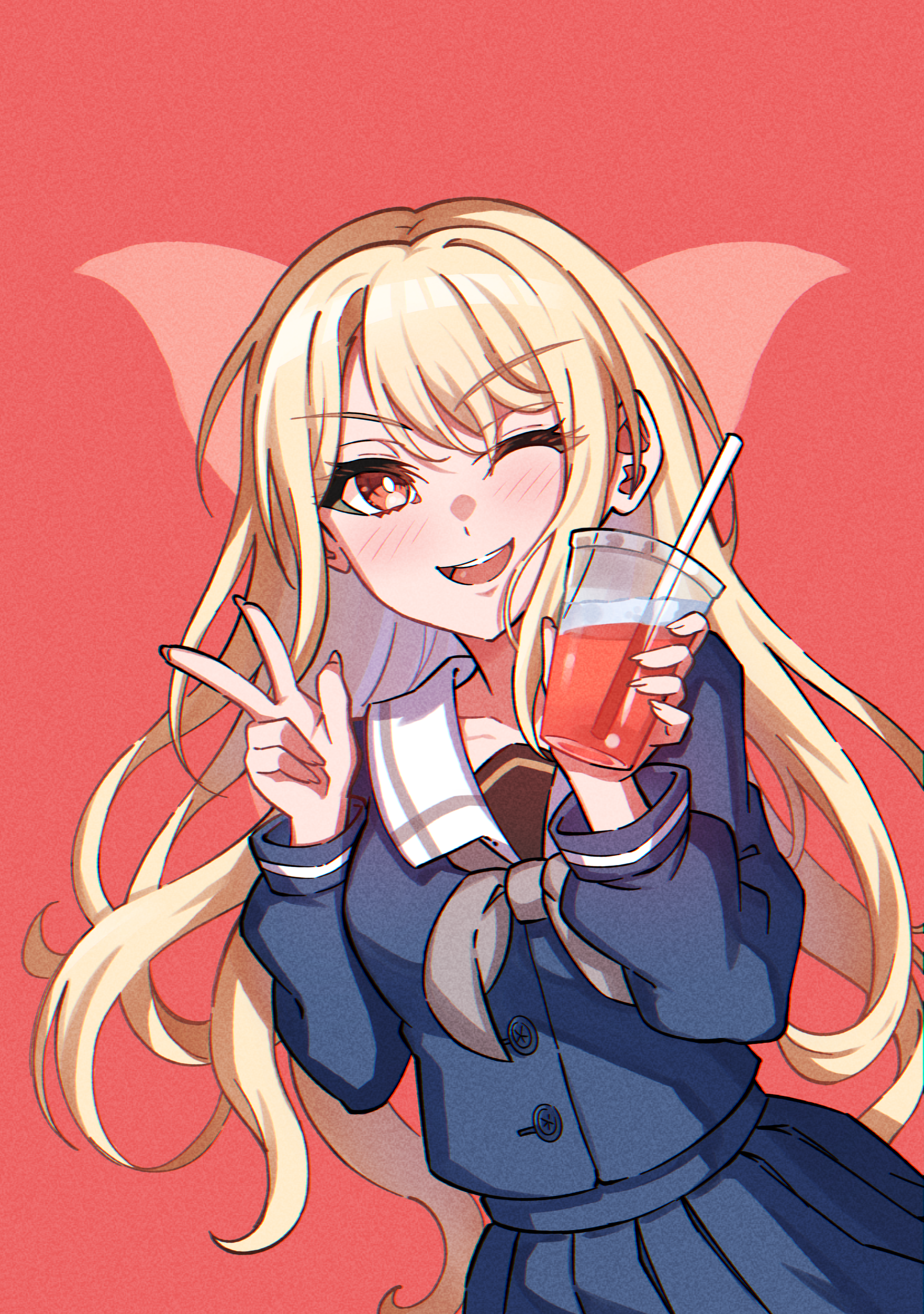 junji 17, kirigaya toko, bang dream!, absurdres, commentary, highres, 1girl, blonde hair, blue shirt, blue skirt, blush, breasts, cup, disposable cup, grey neckerchief, holding, holding cup, long hair, looking at viewer, medium breasts, neckerchief, one eye closed, open mouth, orange eyes, pleated skirt, red background, school uniform, shirt, skirt, solo, teeth, tsukinomori school uniform, upper teeth only, w