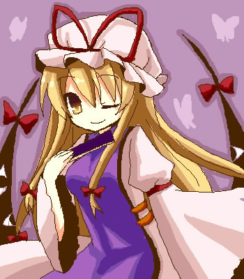 yuzuki (yuduame), yakumo yukari, touhou, lowres, 1girl, ;), blonde hair, blush, brown eyes, cowboy shot, dress, female focus, gap (touhou), hat, long hair, long sleeves, looking at viewer, one eye closed, sidelocks, smile, solo, tabard, very long hair, white dress, wide sleeves, wink