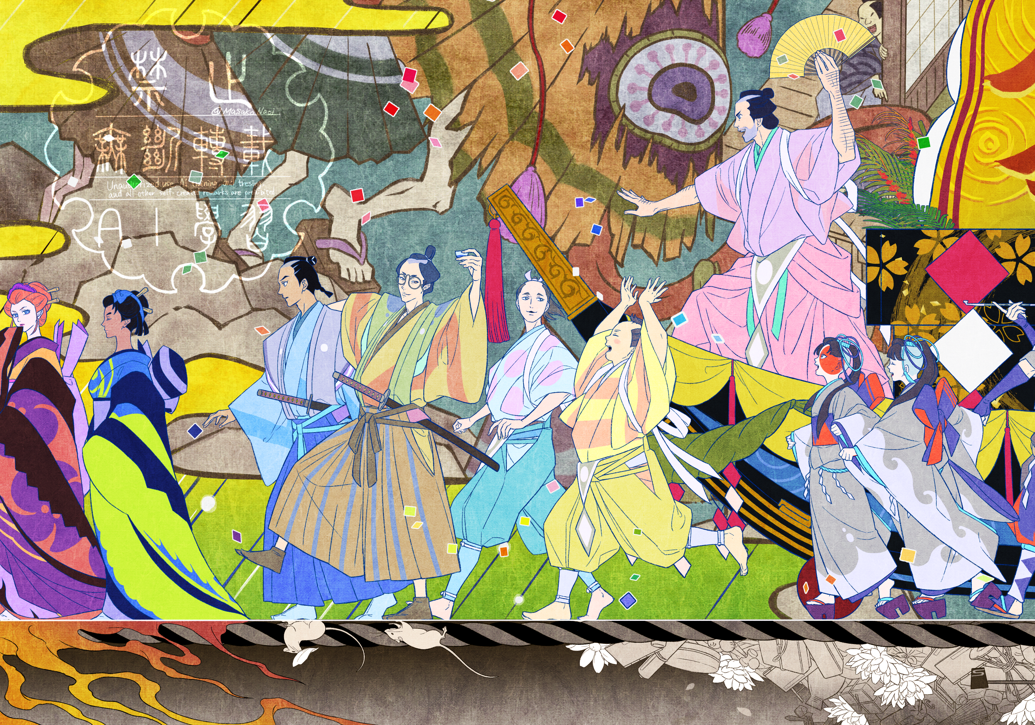 naoi masako, gekijouban mononoke, mononoke, absurdres, commentary request, highres, 4girls, 6+boys, aqua pants, arm hair, back bow, bangs pinned back, barefoot, black hair, blue hakama, blue kimono, blue socks, bow, brown hair, brown hakama, brown kimono, brown socks, chonmage, dark skin, facepaint, facial hair, from side, green kimono, grey kimono, hair ornament, hair stick, hair tubes, hakama, hand fan, holding, holding fan, japanese clothes, kataginu, kimono, kiseru, kyahan, long hair, mizorogi futsukazuki, mizorogi hokuto, mizorogi mikazuki, motoyui, mouse (animal), multicolored kimono, multiple boys, multiple girls, mural, nihongami, obi, okobo, orange hair, orange kimono, otomo botan, pants, paper texture, parade, partially colored, pink hakama, platform sandals, profile, purple kimono, purple sandals, saga hiramoto, sakashita (mononoke), sandals, sash, shaved head, siblings, smoking pipe, socks, split theme, stubble, tasuki, tokita fuki, tokita saburoumaru, topknot, twins, undercut, unnamed short palace guard (mononoke), unnamed tall palace guard (mononoke), walking, watermark, yellow kimono, yellow pants