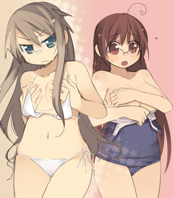 kashiwamochi yomogi, arima senka, arima senne, original, breast hold, 2girls, bikini, blue eyes, blush, breast envy, breasts, brown eyes, brown hair, covering breasts, covering privates, flat chest, glasses, large breasts, long hair, multiple girls, one-piece swimsuit, one-piece tan, plump, school swimsuit, side-tie bikini bottom, swimsuit, tan, tanline, undressing, wardrobe malfunction