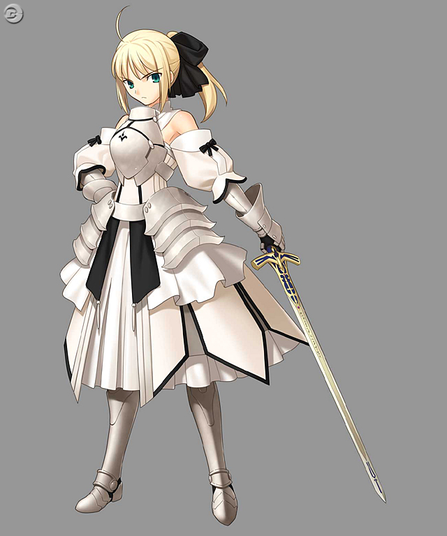 higurashi ryuuji, takeuchi takashi, artoria pendragon (fate), saber (fate), saber lily, capcom, fate/stay night, fate/unlimited codes, fate (series), non-web source, 00s, 1girl, ahoge, armor, armored dress, bare shoulders, blonde hair, detached sleeves, dress, female focus, full body, gauntlets, green eyes, ponytail, simple background, solo, sword, weapon