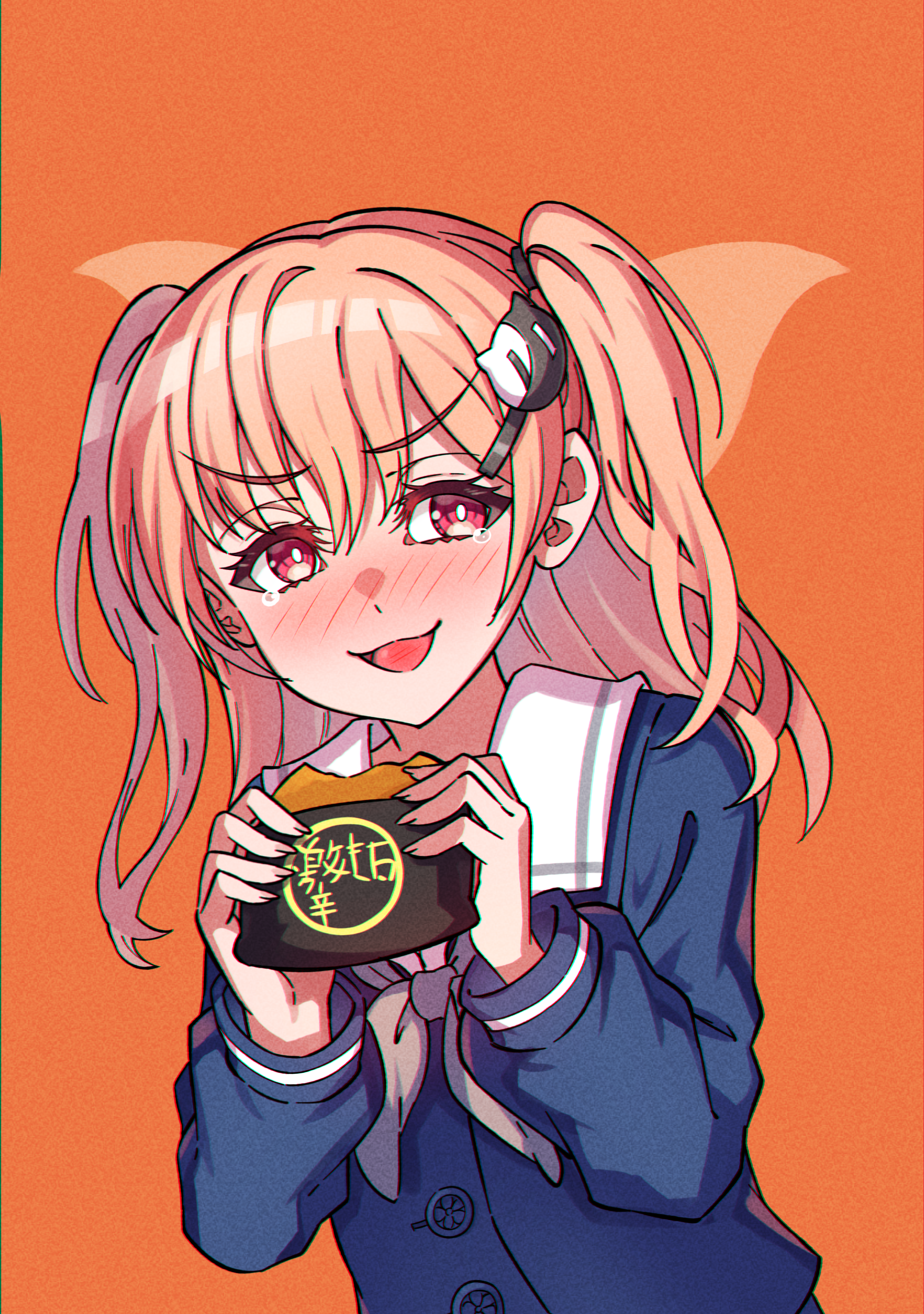 junji 17, hiromachi nanami, bang dream!, absurdres, commentary, highres, translation request, 1girl, blue shirt, blush, brown hair, grey neckerchief, holding, long hair, long sleeves, neckerchief, open mouth, orange background, red eyes, school uniform, shirt, solo, tearing up, tsukinomori school uniform, two side up