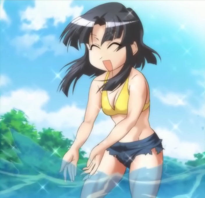 akiyama otome, pani poni dash!, non-web source, 00s, 1girl, bare shoulders, bikini, bikini top only, black hair, closed eyes, cloud, day, denim, denim shorts, female focus, short hair, short shorts, shorts, sky, smile, solo, swimsuit, water, yellow bikini