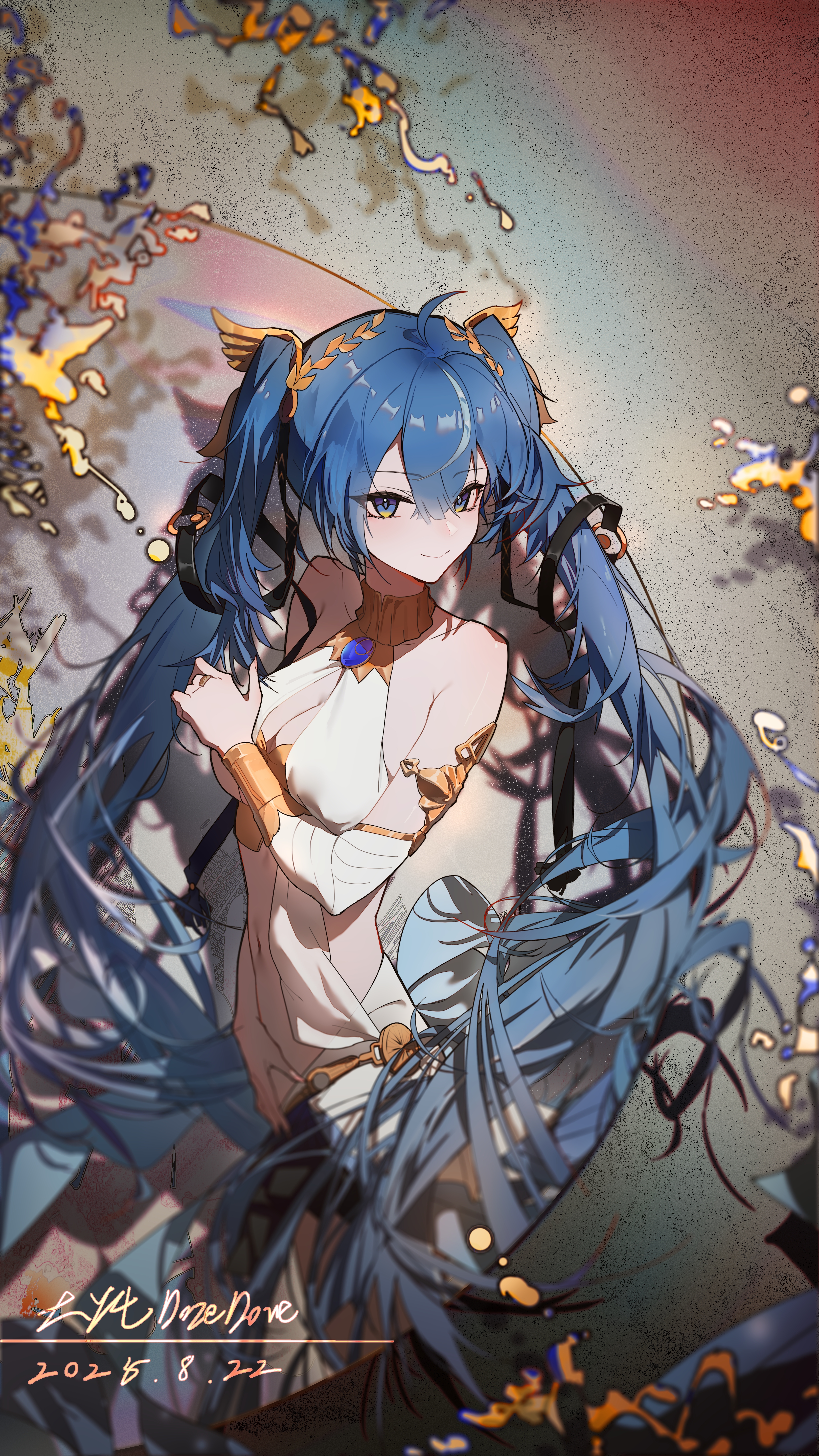 da dun dozedove, iuno (wuthering waves), wuthering waves, absurdres, highres, 1girl, ahoge, bare shoulders, black skirt, blue eyes, blue hair, breasts, cleavage, closed mouth, dated, hair belt, hand up, head wreath, long hair, looking at viewer, medium breasts, missing commentary, multicolored hair, navel, signature, skirt, smile, solo, stomach, streaked hair, twintails, very long hair