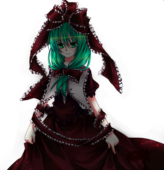 tsukioka tsukiho, kagiyama hina, touhou, 1girl, bow, dress, female focus, frills, front ponytail, green eyes, green hair, hair bow, looking at viewer, matching hair/eyes, red bow, red dress, shawl, short hair, simple background, solo, white background, wrist cuffs