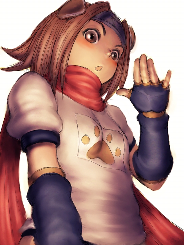 fumio (rsqkr), konoha (arcana heart), aq interactive, arcana heart, atlus, examu, 1girl, animal ears, blush, brown eyes, brown hair, dog ears, elbow gloves, female focus, fingerless gloves, flat chest, gloves, gym uniform, headband, open mouth, scarf, short hair, simple background, solo, waving