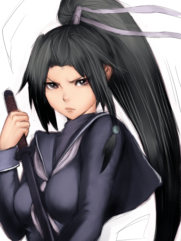 fumio (rsqkr), tokinomiya kamui, aq interactive, arcana heart, atlus, examu, 1girl, black eyes, black hair, female focus, frown, katana, lips, long hair, ponytail, school uniform, serafuku, solo, sword, weapon