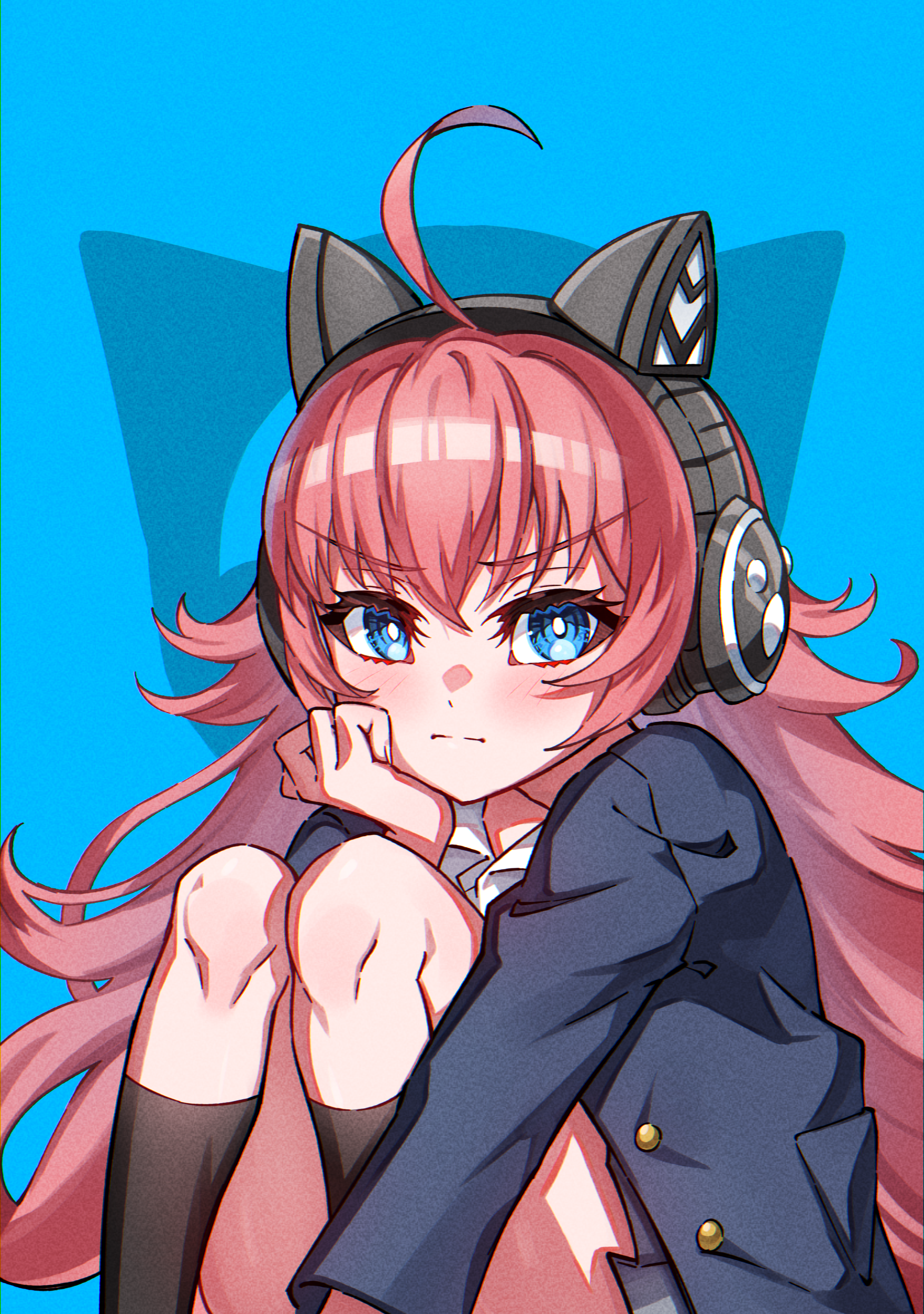 junji 17, tamade chiyu, bang dream!, absurdres, commentary, highres, 1girl, ahoge, animal ear headphones, animal ears, black socks, blue background, blue eyes, blue jacket, blush, cat ear headphones, cat ears, closed mouth, fake animal ears, head rest, headphones, jacket, kneehighs, knees up, long hair, looking at viewer, pink hair, shirt, sitting, socks, solo, white shirt