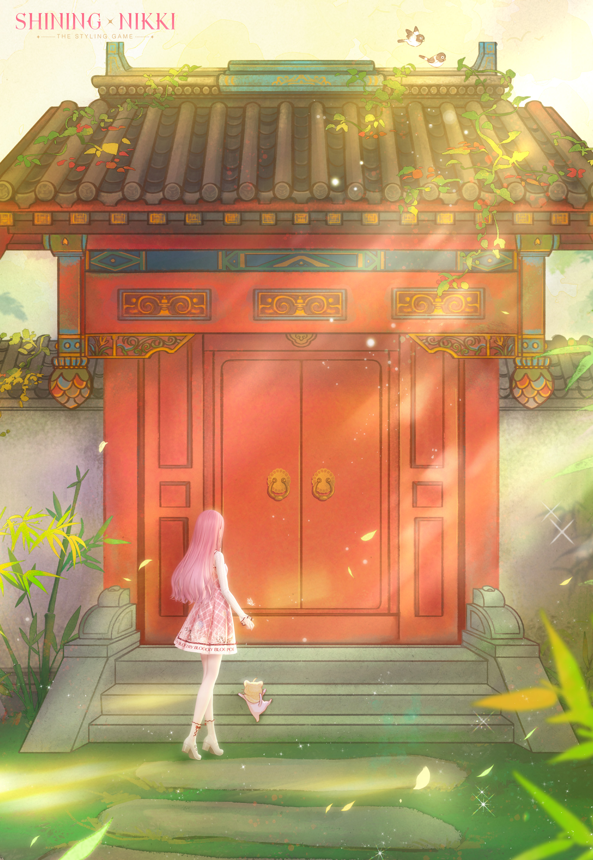 bloom poetry (shining nikki), momo (nikki), nikki (nikki), nikki (series), shining nikki, absurdres, artist request, highres, mixed media, official art, second-party source, 3d, ahoge, animal, ankle socks, architecture, argyle clothes, argyle dress, bamboo, bird, bow, bow legwear, cat, cloak, clothed animal, clothes writing, copyright name, cross-laced clothes, cross-laced legwear, dress, ear covers, east asian architecture, gate, high heels, hood, hood up, hooded cloak, light blush, light rays, logo, long hair, long sleeves, medium dress, petals, pinafore dress, pink dress, pink hair, plant, pleated dress, pumps, red bow, shirt, shoes, sky, sleeveless, sleeveless dress, socks, sparkle, stairs, sunlight, sunrise, very long hair, vines, walking, white cat, white shirt, white shoes, white socks, yellow cloak, yellow sky