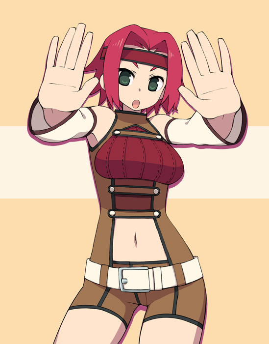 chan co, kouzuki kallen, code geass, 00s, 1girl, :o, bare shoulders, cowboy shot, detached sleeves, female focus, green eyes, headband, midriff, navel, open hands, open mouth, red hair, short hair, sleeveless, sleeveless turtleneck, solo, turtleneck