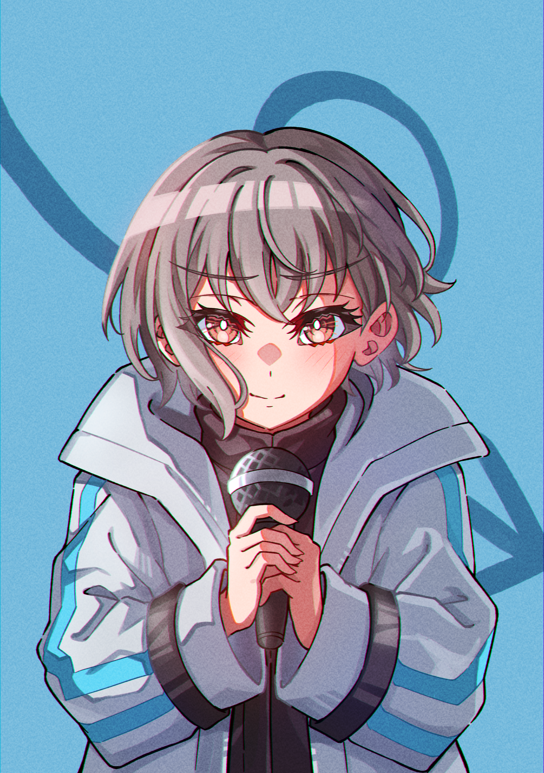 junji 17, takamatsu tomori, bang dream!, bang dream! it's mygo!!!!!, absurdres, commentary, highres, 1girl, black shirt, blue background, brown eyes, closed mouth, grey hair, holding, holding microphone, jacket, long sleeves, looking at viewer, microphone, shirt, short hair, solo, upper body, white jacket