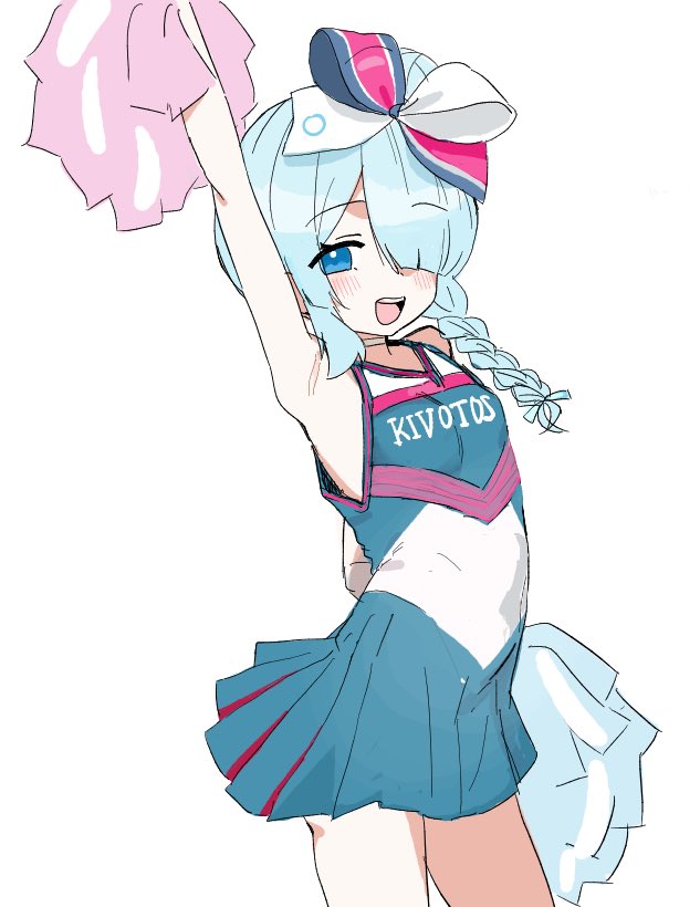 fuguukawaii, arona (blue archive), blue archive, 1girl, alternate costume, arm up, armpits, blue eyes, blue hair, blush, bow, braid, breasts, cheerleader, cowboy shot, dress, hair bow, hair bun, hair over one eye, halo, holding, holding pom poms, looking at viewer, open mouth, pom pom (cheerleading), pom poms, simple background, single braid, single hair bun, sleeveless, small breasts, smile, solo, teeth, upper teeth only, white background