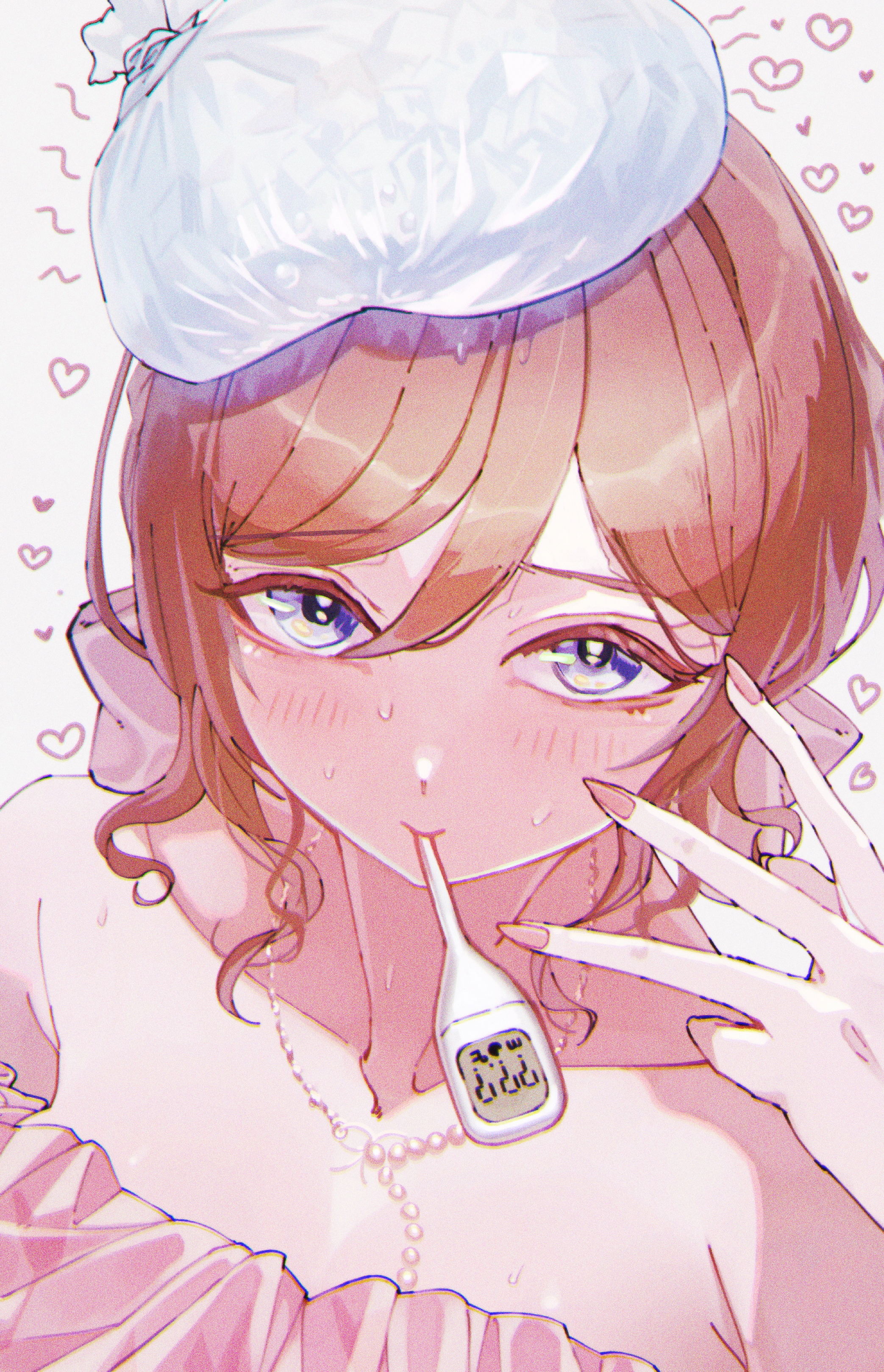 atari (eurf8445), himesaki rinami, gakuen idolmaster, idolmaster, absurdres, commentary request, highres, 1girl, bag, bag on head, blue eyes, breasts, brown hair, collarbone, digital thermometer, dress, fingernails, heart, ice, jewelry, looking at viewer, mouth hold, nail polish, necklace, off-shoulder dress, off shoulder, official alternate costume, pink dress, plastic bag, solo, thermometer, upper body