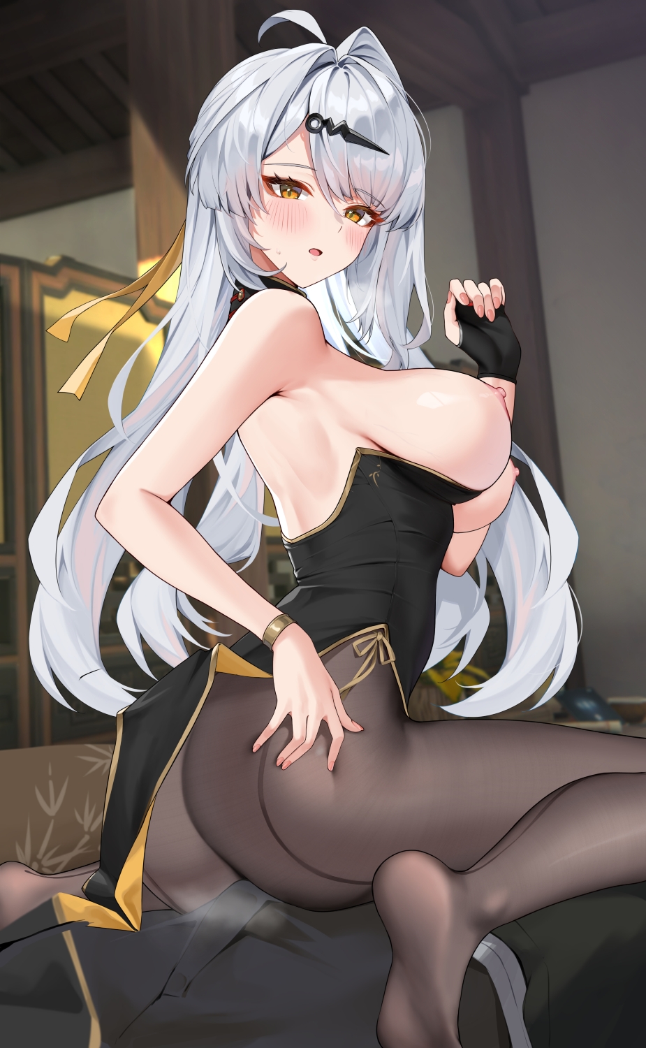 matrix16, yixuan (zenless zone zero), zenless zone zero, highres, 1girl, ahoge, alternate costume, ass, backless dress, backless outfit, black dress, black gloves, black pantyhose, blush, bracelet, breasts, china dress, chinese clothes, dress, fingerless gloves, gloves, hair ornament, hairclip, highleg, indoors, jewelry, large breasts, long hair, looking at viewer, looking back, nipples, no shoes, on bed, open mouth, pantyhose, single fingerless glove, sitting, solo, steaming body, wariza, white hair, yellow eyes