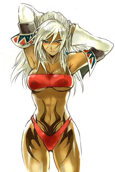 shania, shadow hearts, shadow hearts from the new world, 1girl, bandeau, bikini, blue eyes, breasts, covered erect nipples, dark-skinned female, dark skin, detached sleeves, female focus, large breasts, red bikini, solo, strapless, swimsuit, tattoo, tube top, underboob, white hair