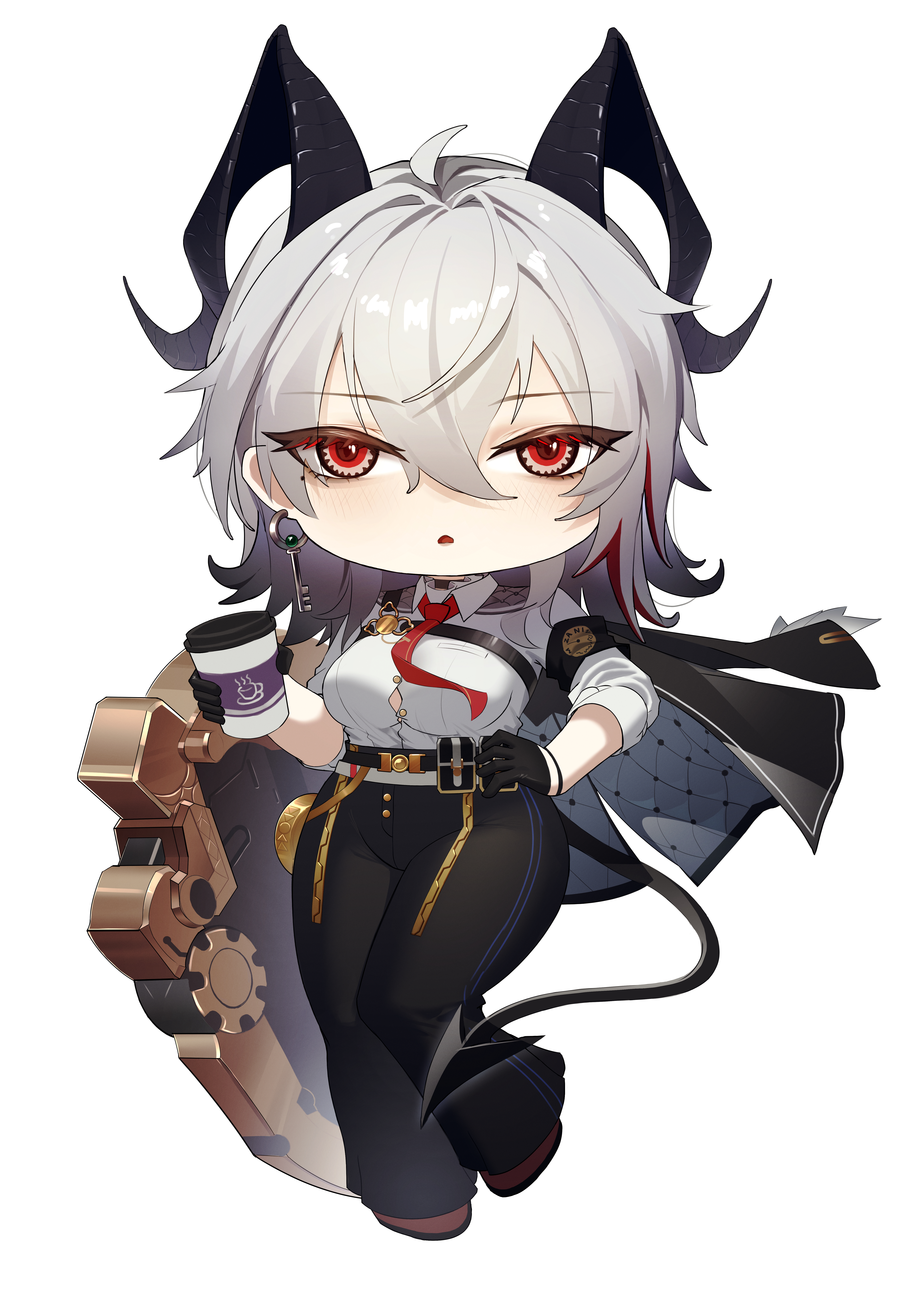 mahcl (mhcl3466), zani (wuthering waves), wuthering waves, absurdres, chinese commentary, commentary request, highres, partial commentary, 1girl, ahoge, armband, black armband, black gloves, black horns, black jacket, black pants, black tail, breasts, chest harness, chibi, chibi only, collared shirt, cup, curled horns, demon tail, disposable coffee cup, disposable cup, earrings, gloves, grey hair, hair between eyes, hand on own hip, harness, holding, holding cup, horns, jacket, jacket on shoulders, jewelry, key earrings, large breasts, long hair, looking at viewer, mole, mole under eye, multicolored hair, necktie, pants, parted lips, red eyes, red necktie, shield, shirt, shirt tucked in, simple background, solo, streaked hair, tail, white background, white shirt