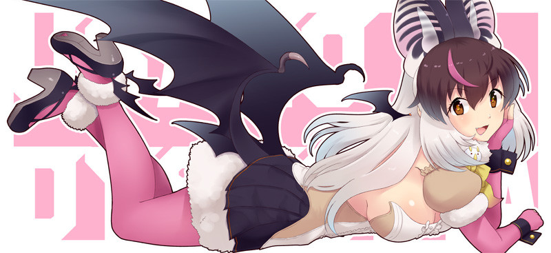 sakuragi rian, brown long-eared bat (kemono friends), kemono friends, kemono friends v project, 1girl, animal ears, bat ears, bat girl, bat wings, breasts, brown eyes, brown hair, elbow gloves, extra ears, fingerless gloves, gloves, grey hair, large breasts, leotard, long hair, looking at viewer, multicolored hair, pantyhose, pink background, shoes, simple background, skirt, solo, streaked hair, virtual youtuber, wings