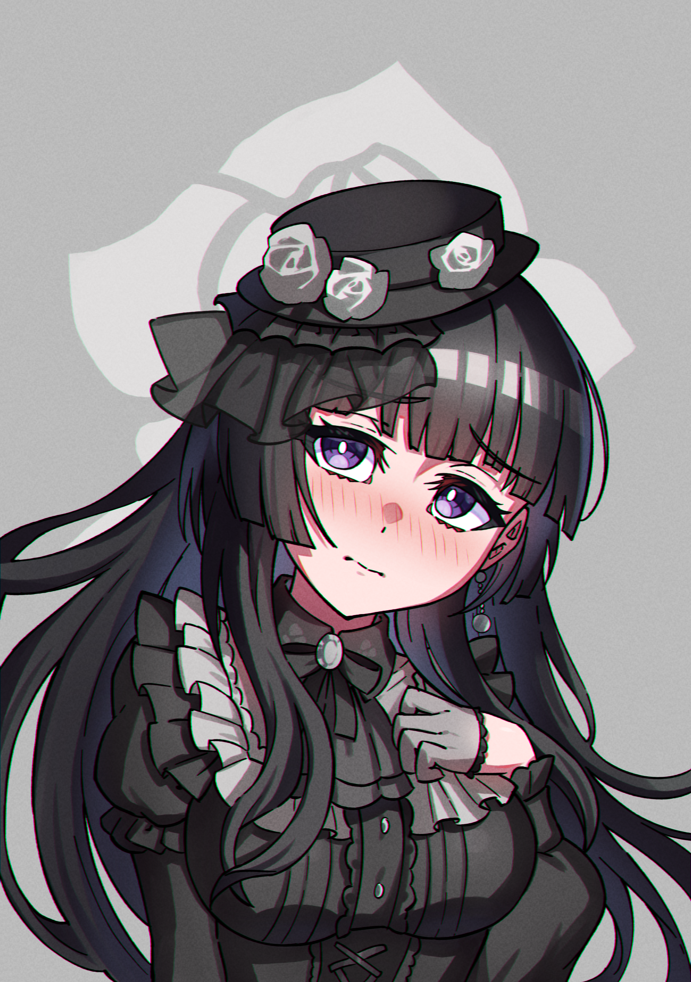 junji 17, shirokane rinko, bang dream!, absurdres, commentary, highres, 1girl, black hair, black hat, blush, breasts, center frills, closed mouth, earrings, frills, gloves, grey background, grey gloves, half gloves, hat, jewelry, large breasts, long hair, long sleeves, looking at viewer, purple eyes, solo, upper body