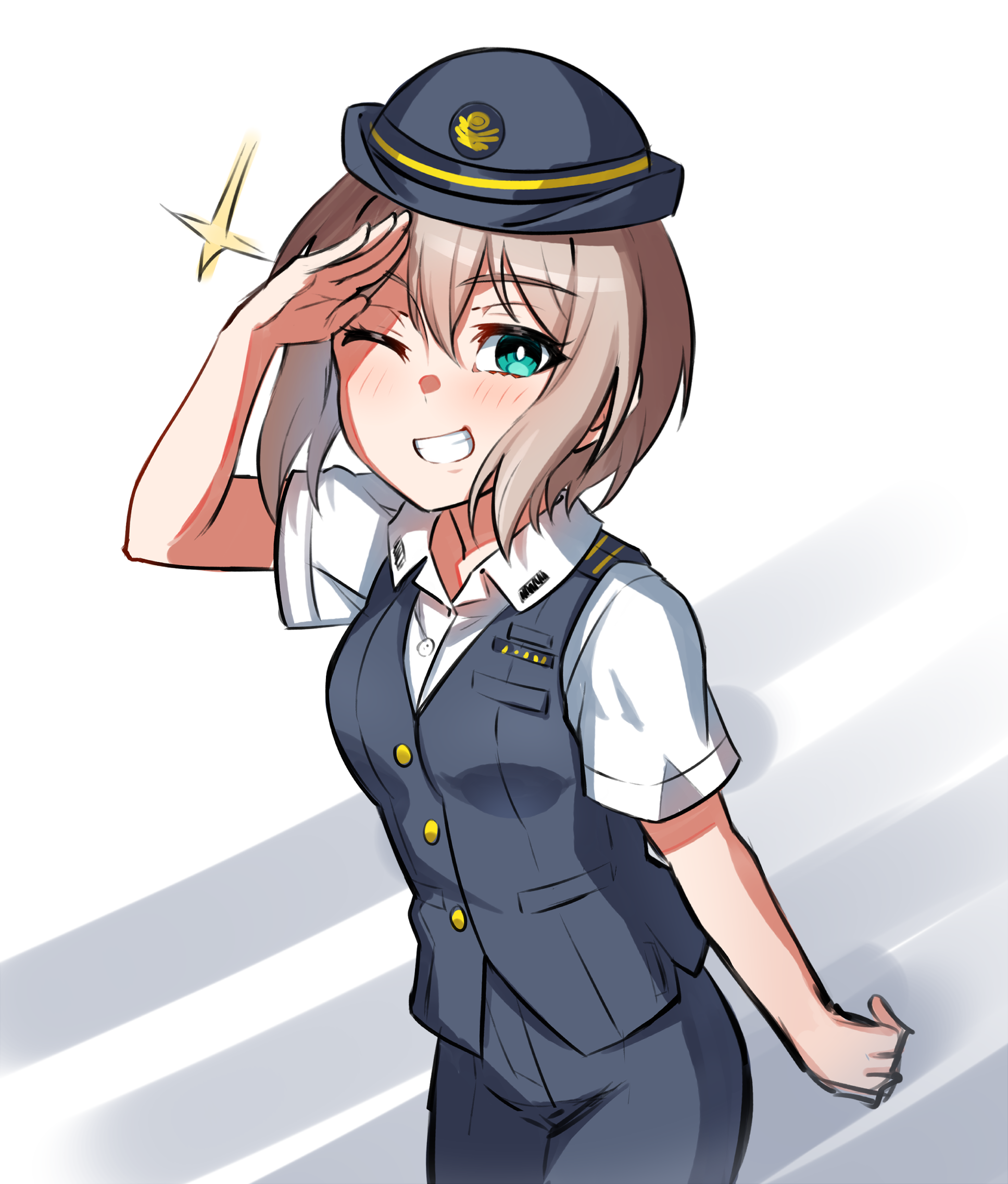 junji 17, aoba moca, bang dream!, commentary, highres, 1girl, aqua eyes, black hat, black pants, black vest, blush, breasts, clenched teeth, collared shirt, dress shirt, grey hair, hat, looking at viewer, medium breasts, one eye closed, open mouth, pants, salute, shirt, short hair, solo, teeth, vest, white background, white shirt
