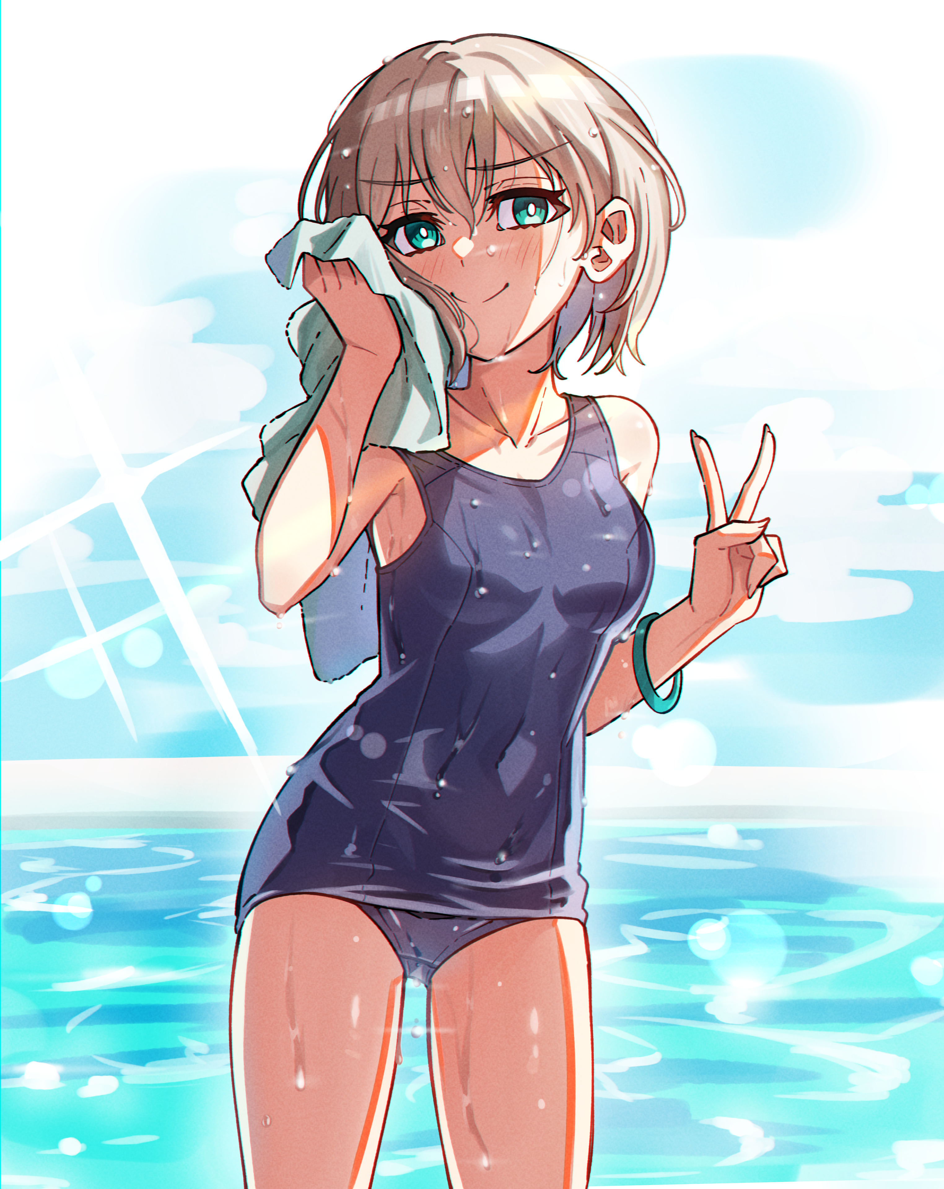 junji 17, aoba moca, bang dream!, absurdres, commentary, highres, 1girl, aqua eyes, blue one-piece swimsuit, blush, bracelet, breasts, closed mouth, collarbone, covered navel, cowboy shot, grey hair, hair between eyes, holding, holding towel, jewelry, medium breasts, one-piece swimsuit, school swimsuit, short hair, solo, swimsuit, towel, v, wet